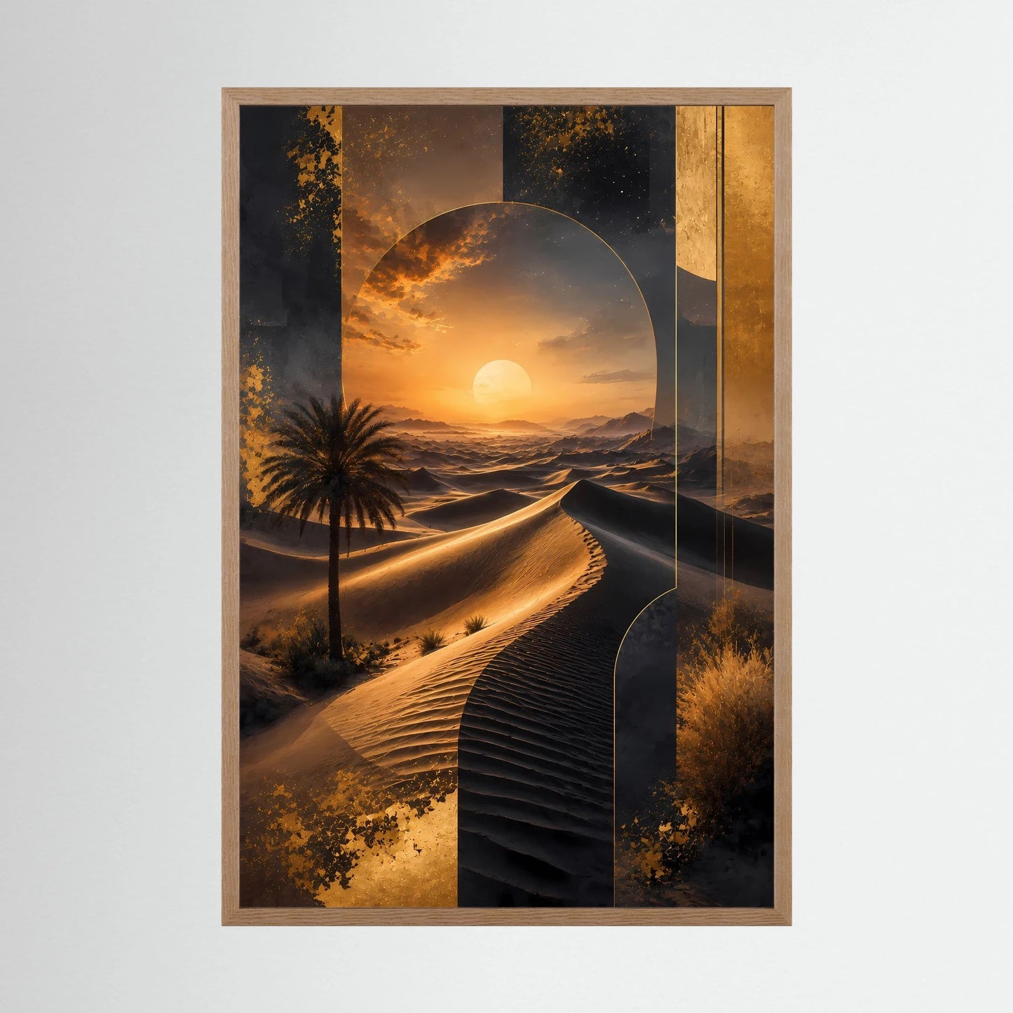 Poster im beigen Holzrahmen, abstrakte Dünenlandschaft mit goldener Sonne im Hochformat