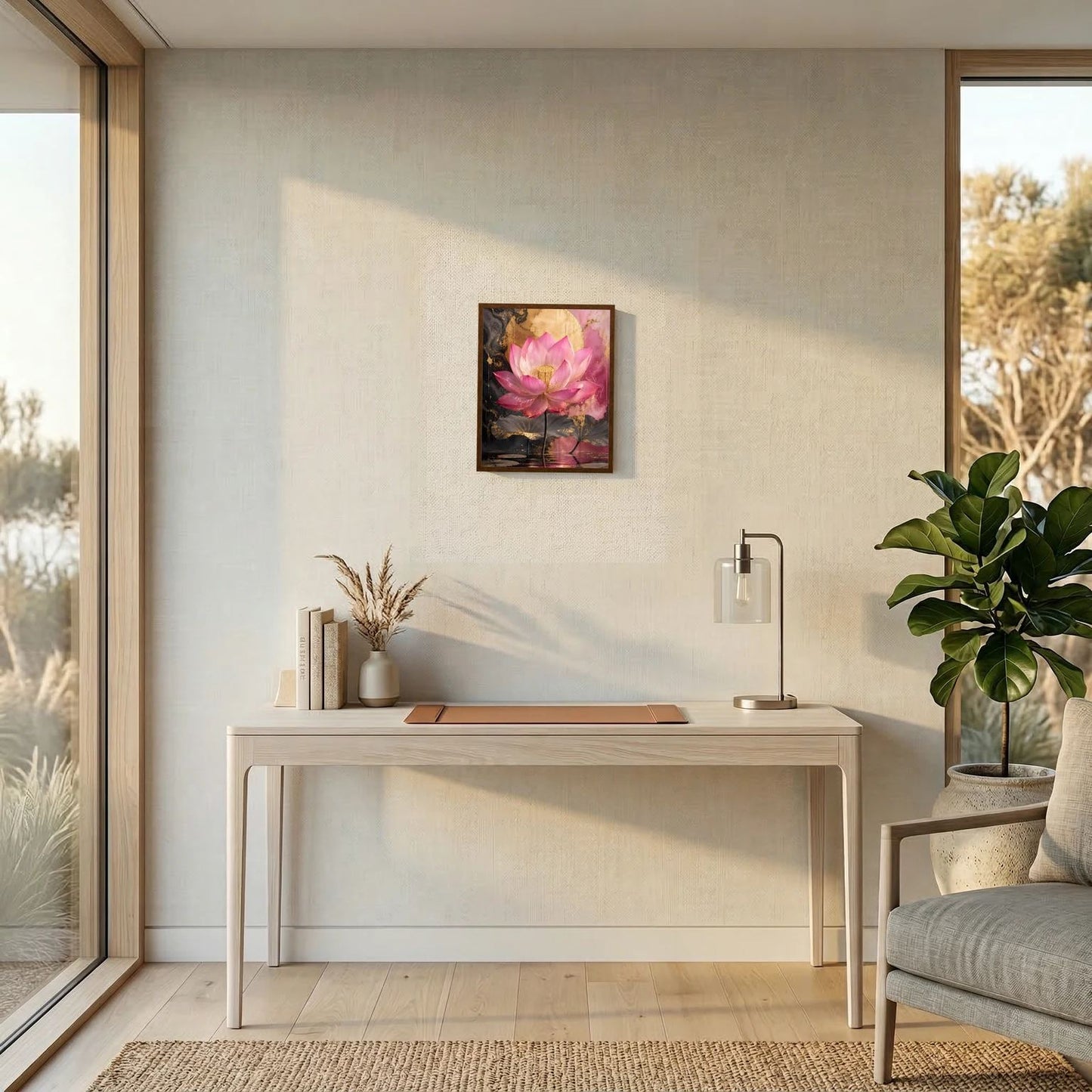 Lotusblumen-Wandbild mit dunklem Rahmen, rosa Lotusblüte und Goldakzenten