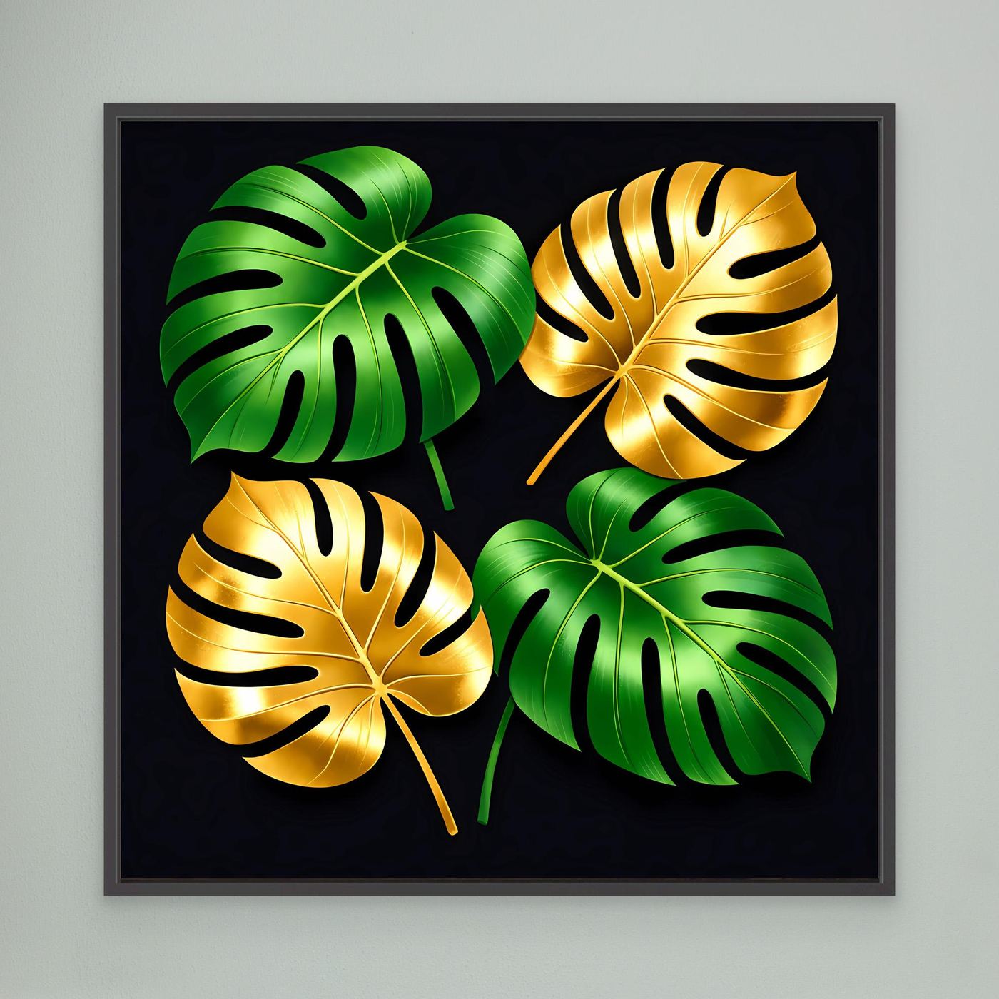 Leinwandbild mit Monstera-Blättern, grün und gold, schwarzer Rahmen
