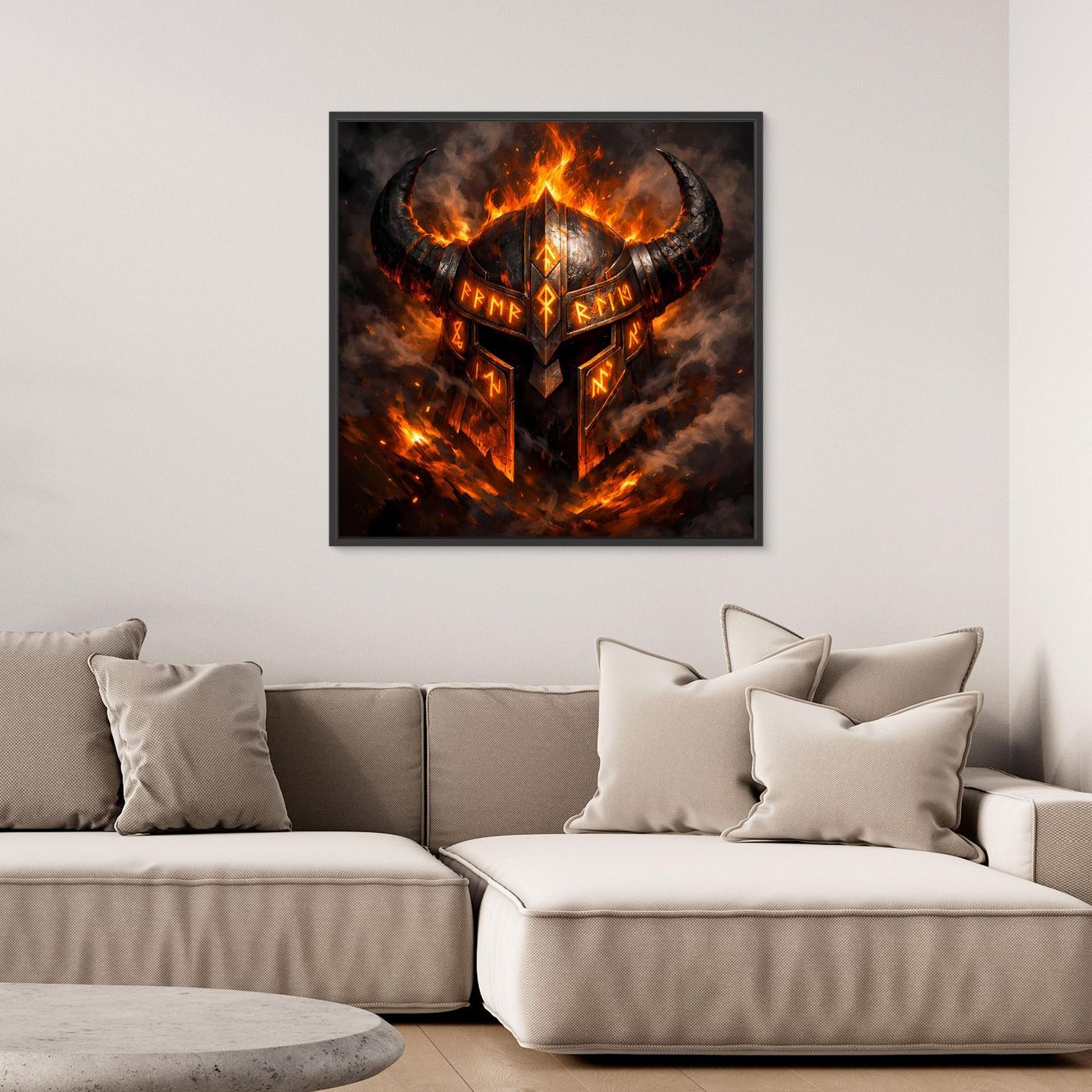 Gerahmtes Leinwandbild mit flammendem Wikingerhelm und Runenschrift im Feuerschimmer