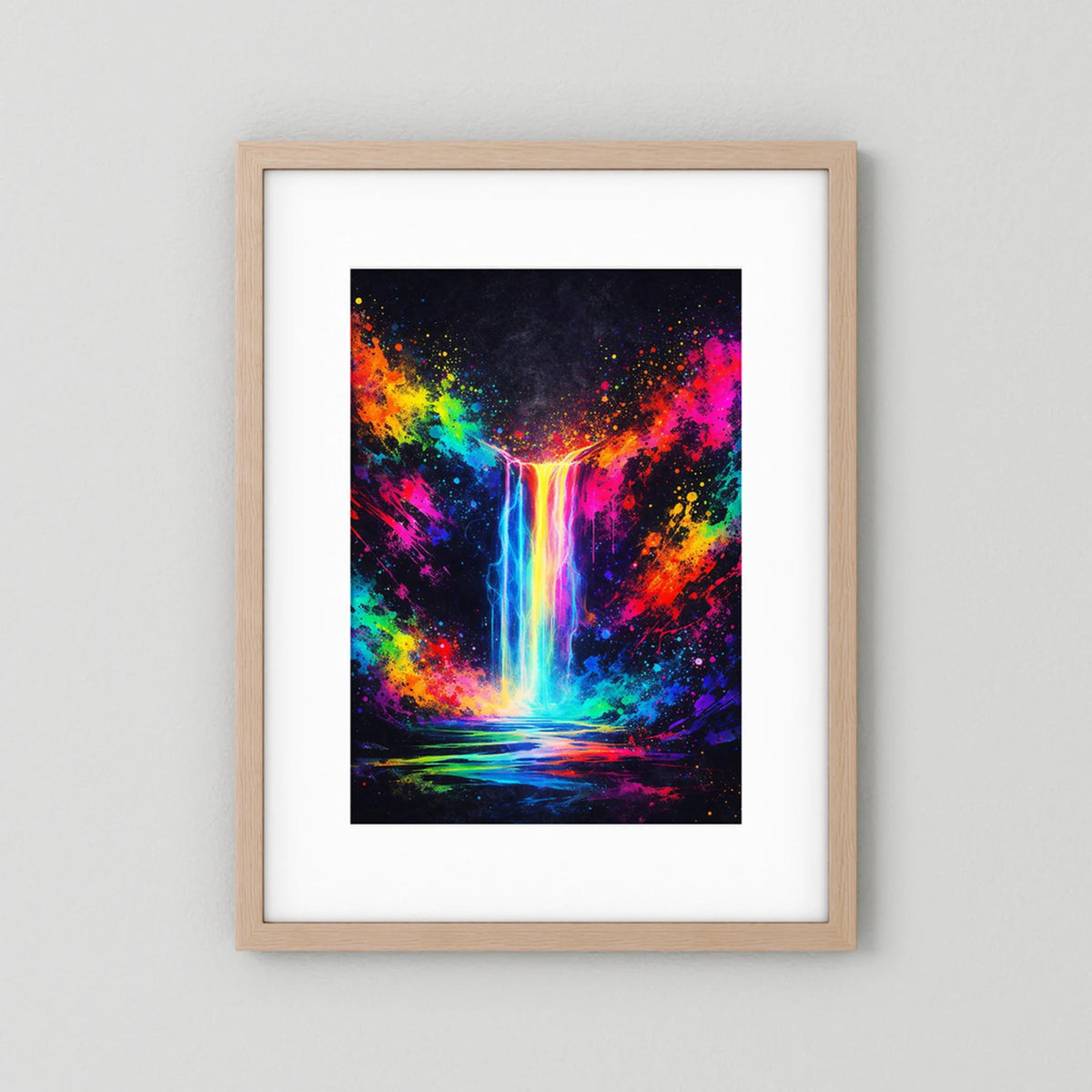 Wandbild-Poster mit Neon-Wasserfall im bunten Farbnebel, hellbrauner Holzrahmen