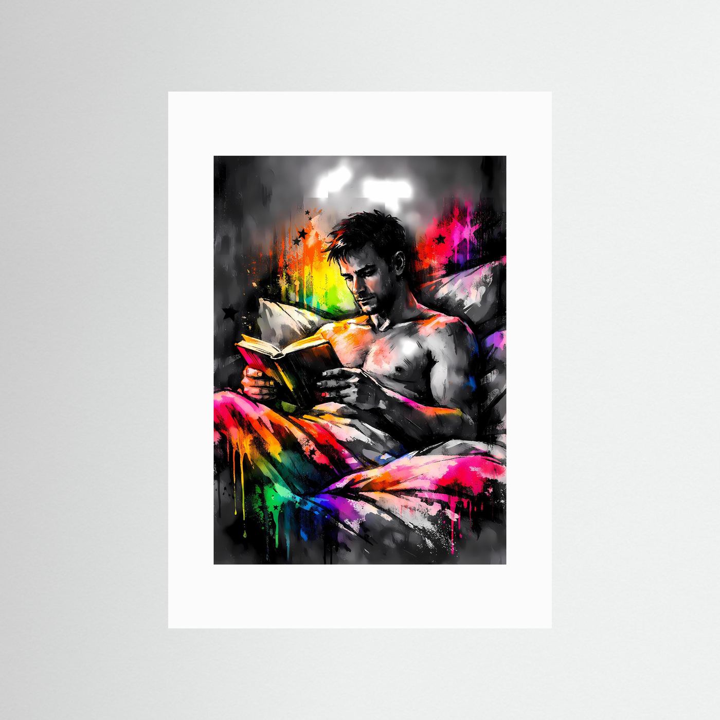 Die Kunst des Wissens | Abstraktes Lese-Poster mit männlicher Silhouette & Regenbogen-Farben | Modernes Pop-Art Kunstposter Hochformat