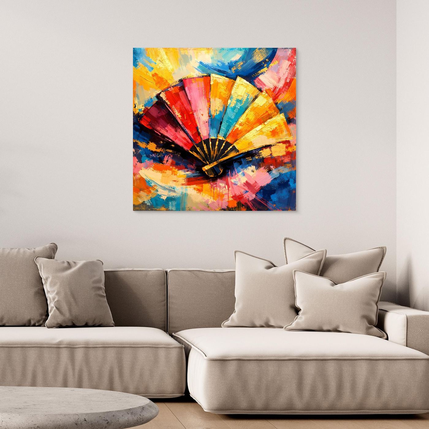 Leinwandbild mit abstraktem Fächer-Motiv, bunt mit schwarzen und gelben Akzenten