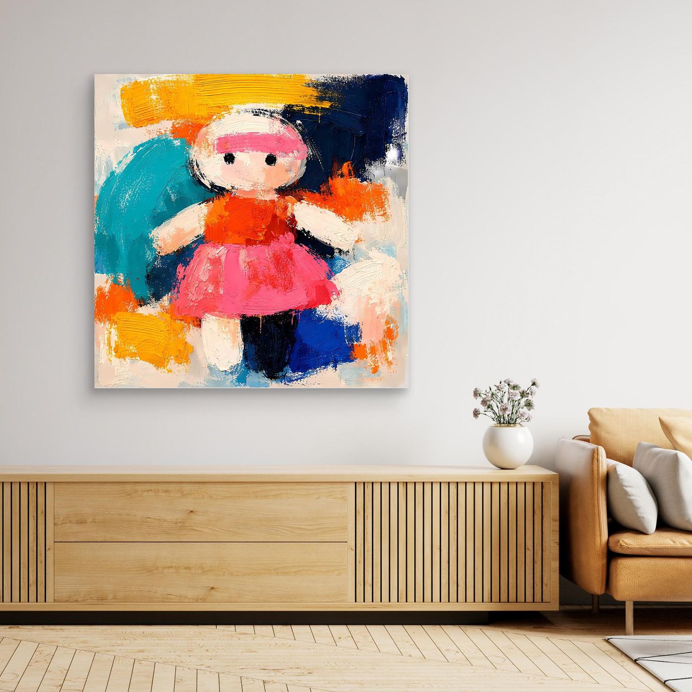 Abstract canvas wall art showing colorful doll figure with modern brushstrokes, unframed