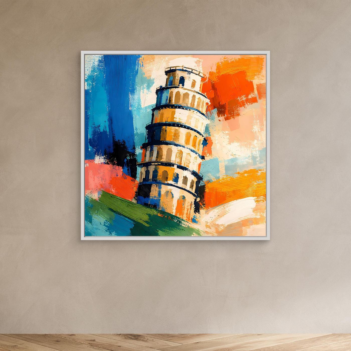 Abstract canvas wall art of Pisa tower with blue, orange, and green paint strokes in white frame.