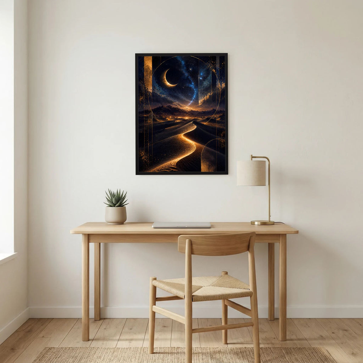 Hochformat-Poster mit Mondsichel und Dünenlandschaft, im schwarzen Rahmen.