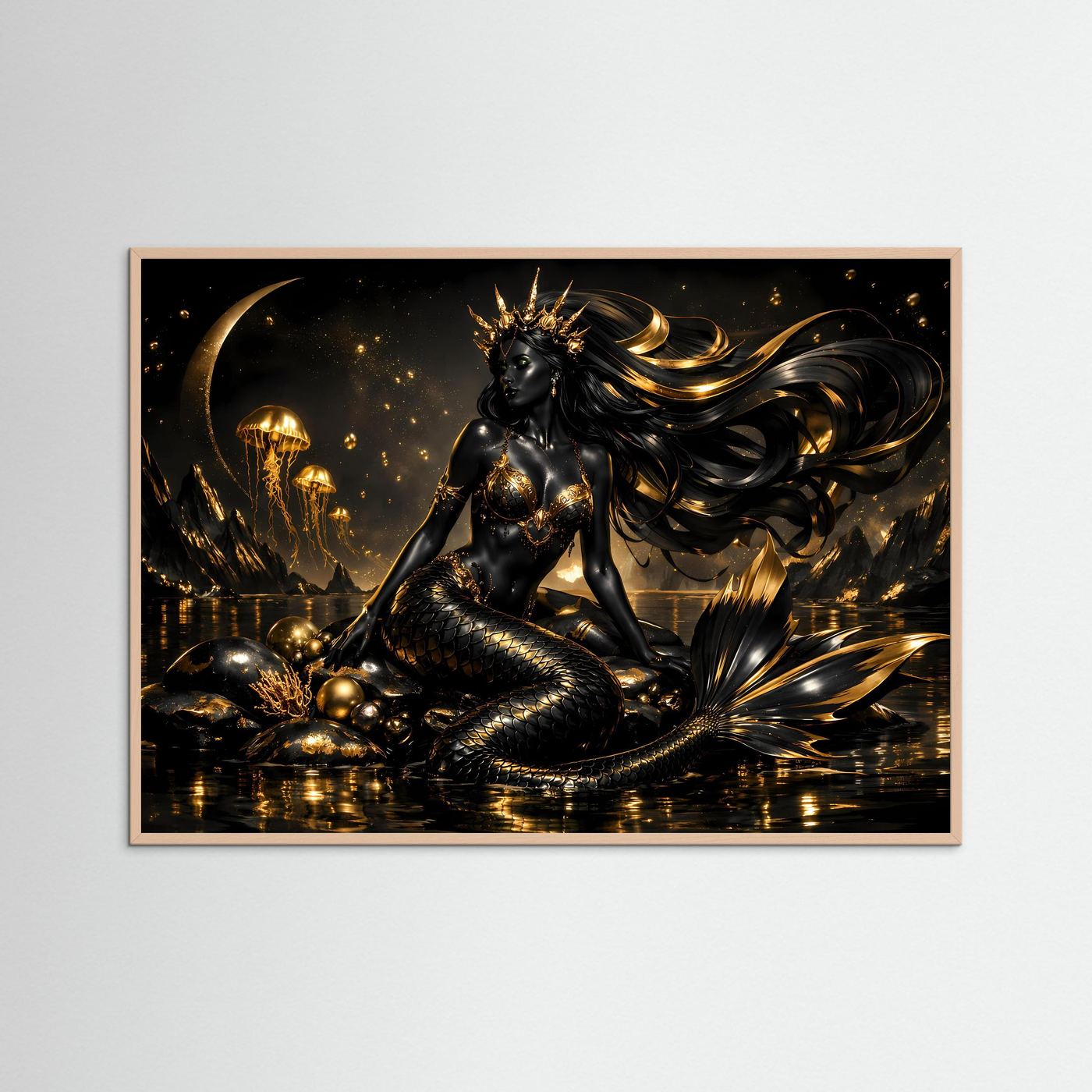 Schwarze Meerjungfrau mit Goldkrone & Quallen | Mystisches Wandbild Querformat
