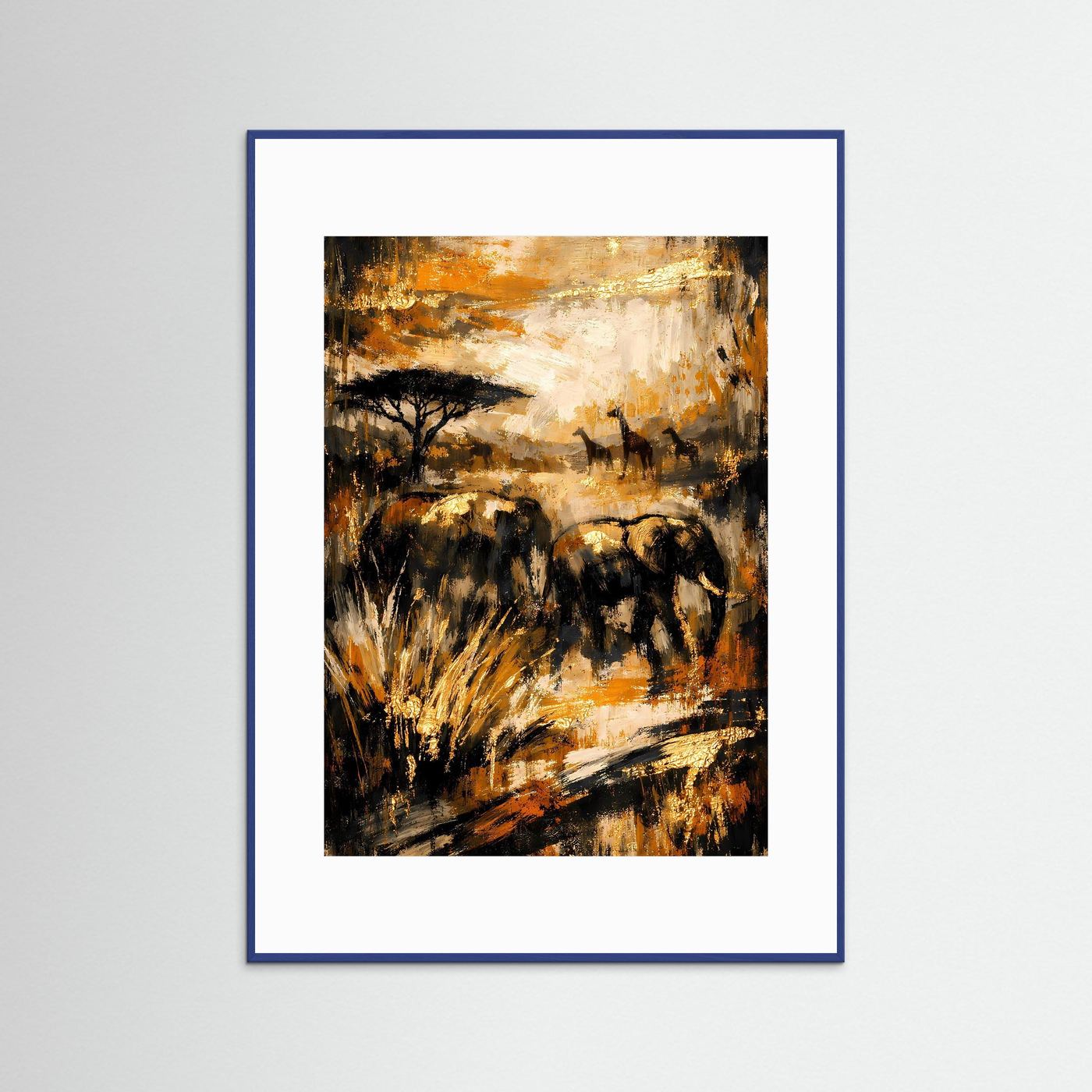 Elefanten-Kunstposter mit abstraktem Savannenmotiv, Ocker & Tiefschwarz, blauer Rahmen