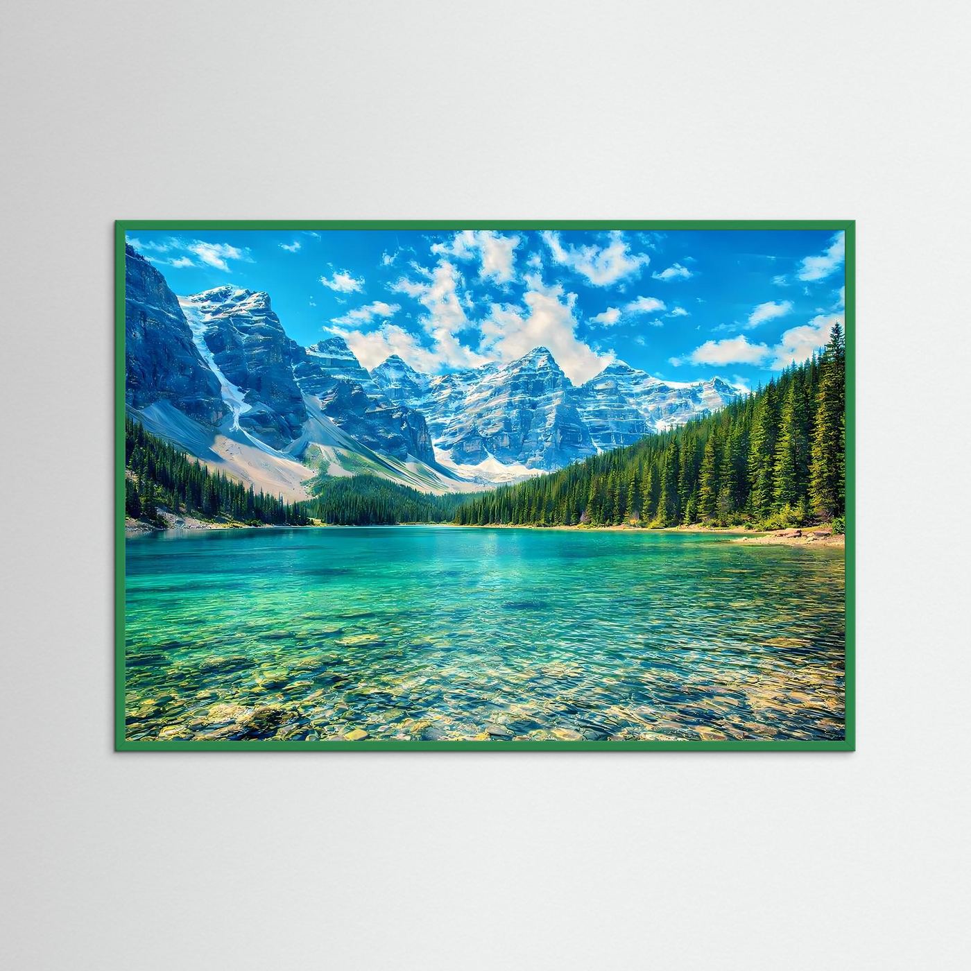 Gerahmtes Wandbild mit türkisblauem Bergsee, Fichtenwald und schroffen Alpen im Himmel
