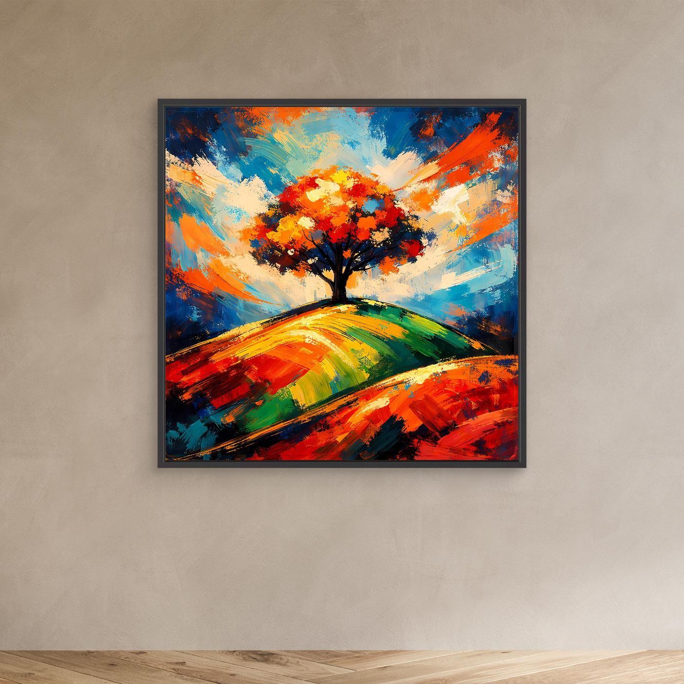 Leinwandbild mit abstraktem Baum und schwarzem Rahmen, orange-gelbe Krone über bunten Hügeln