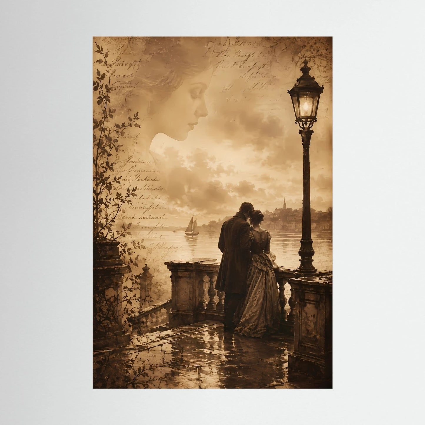 Hochformat-Poster ohne Rahmen mit sepia Szene: Paar am Geländer neben Laterne