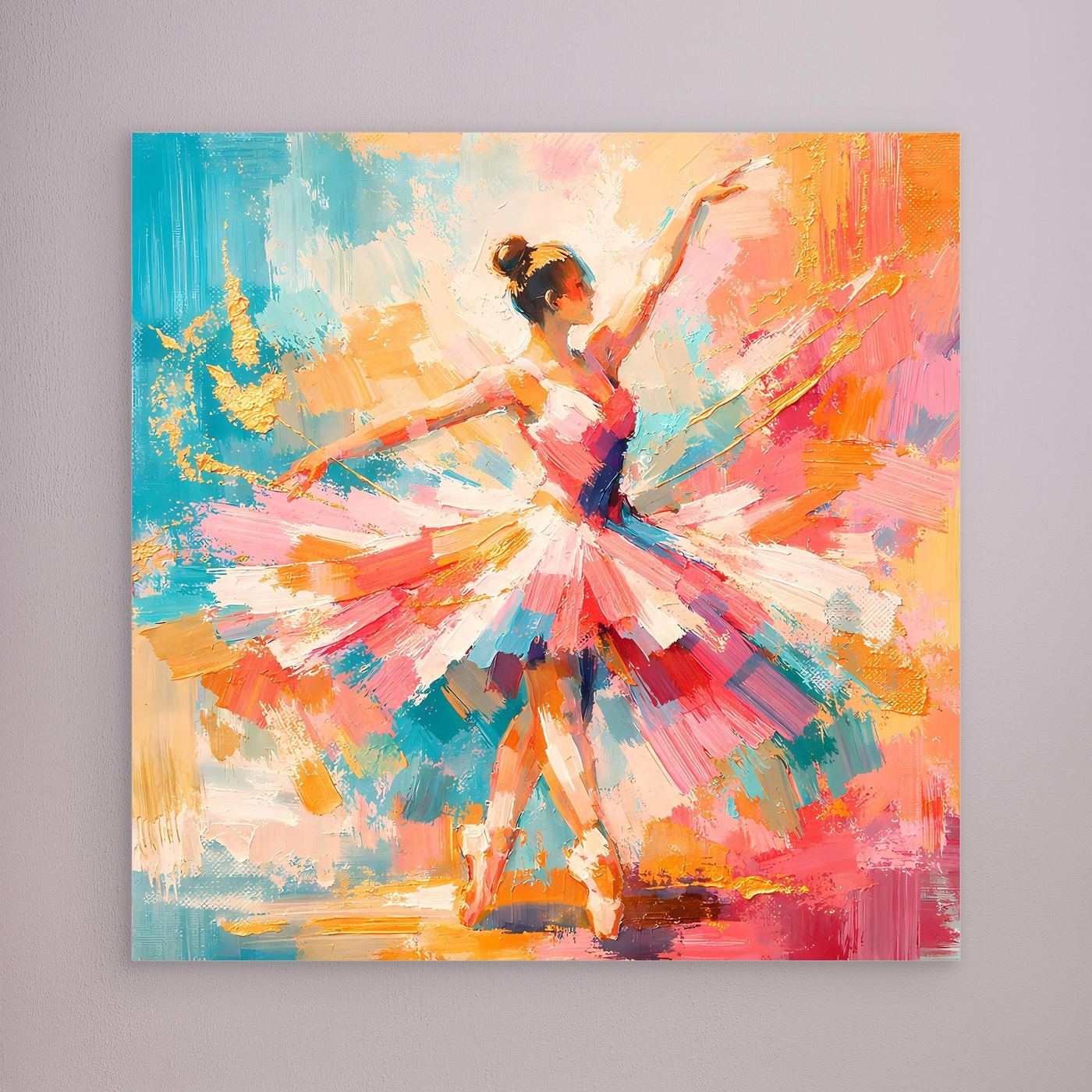 Abstraktes Leinwandbild mit Ballerina, buntes Kleid, ohne sichtbaren Rahmen