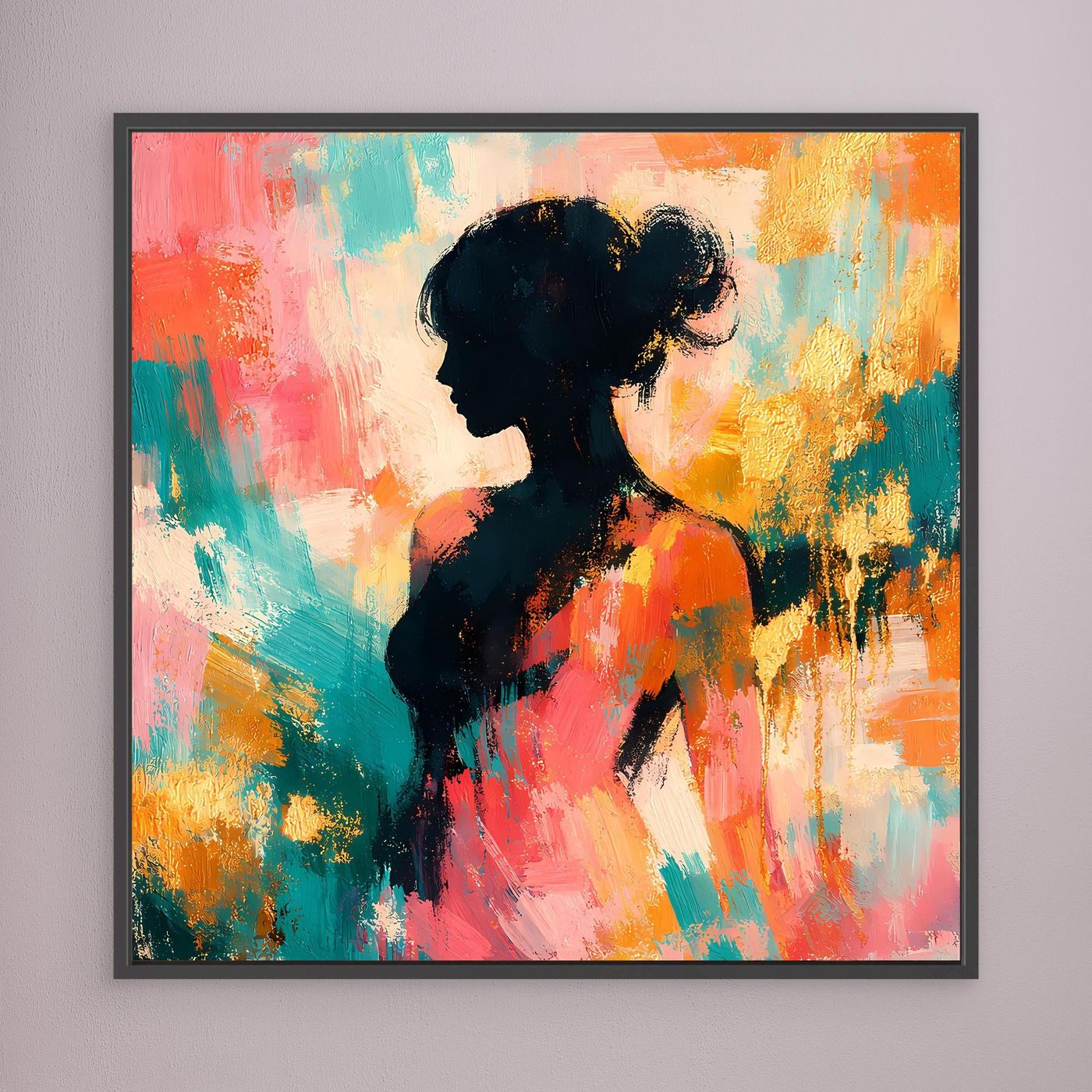 Leinwandbild mit abstrakter Frauen-Silhouette, Pastellfarben, schwarzer Rahmen