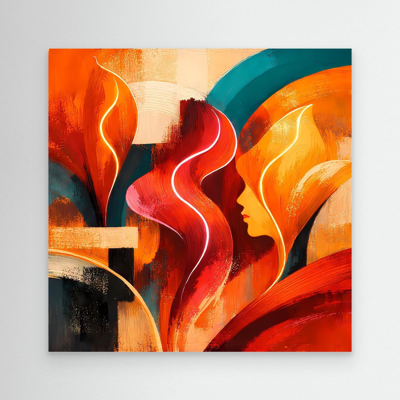 Abstraktes Leinwandbild mit bunten, geschwungenen Stadtformen in Orange, Rot und Blau