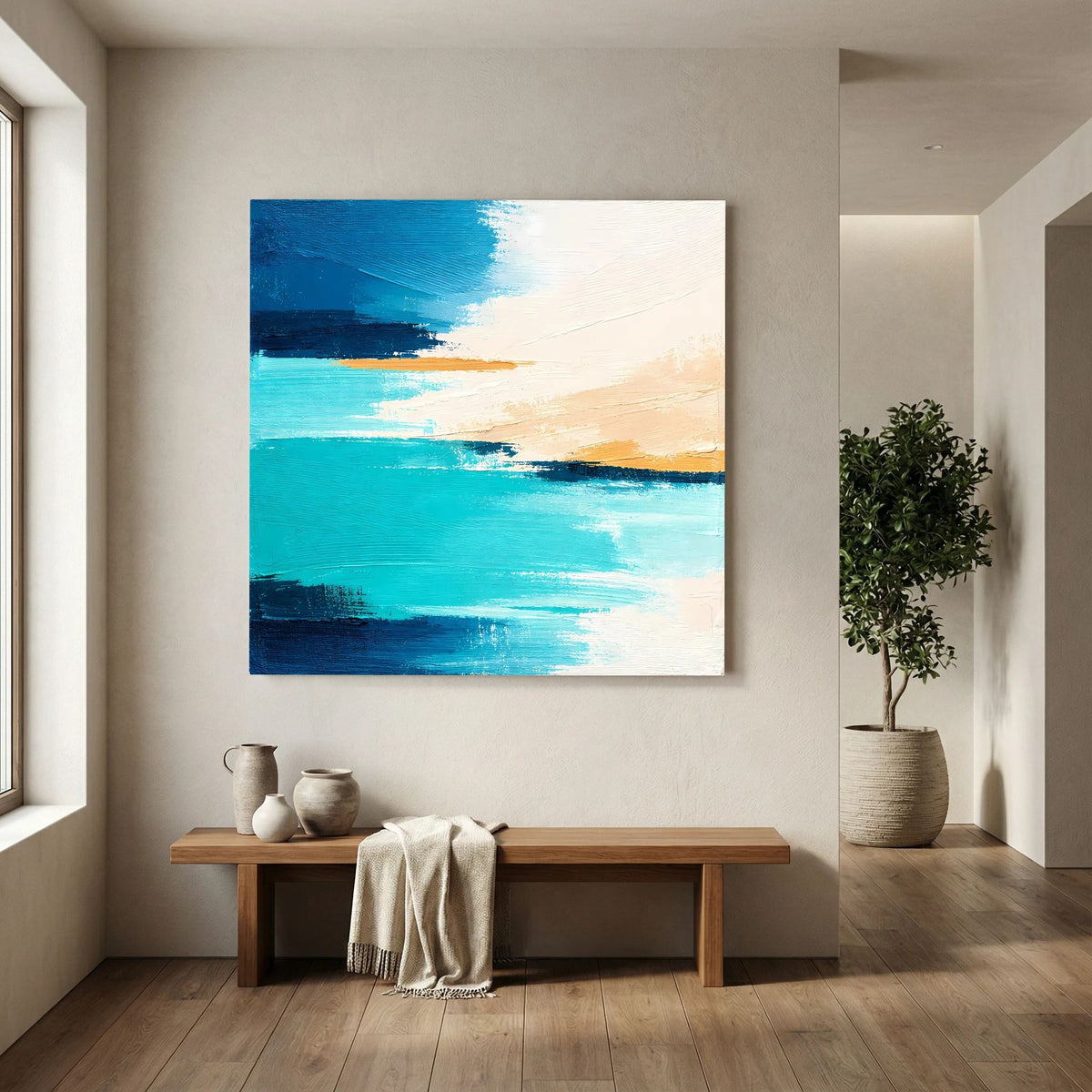 Abstraktes Leinwand-Wandbild in Türkis und Beige, sichtbare Pinseltextur, quadratisch