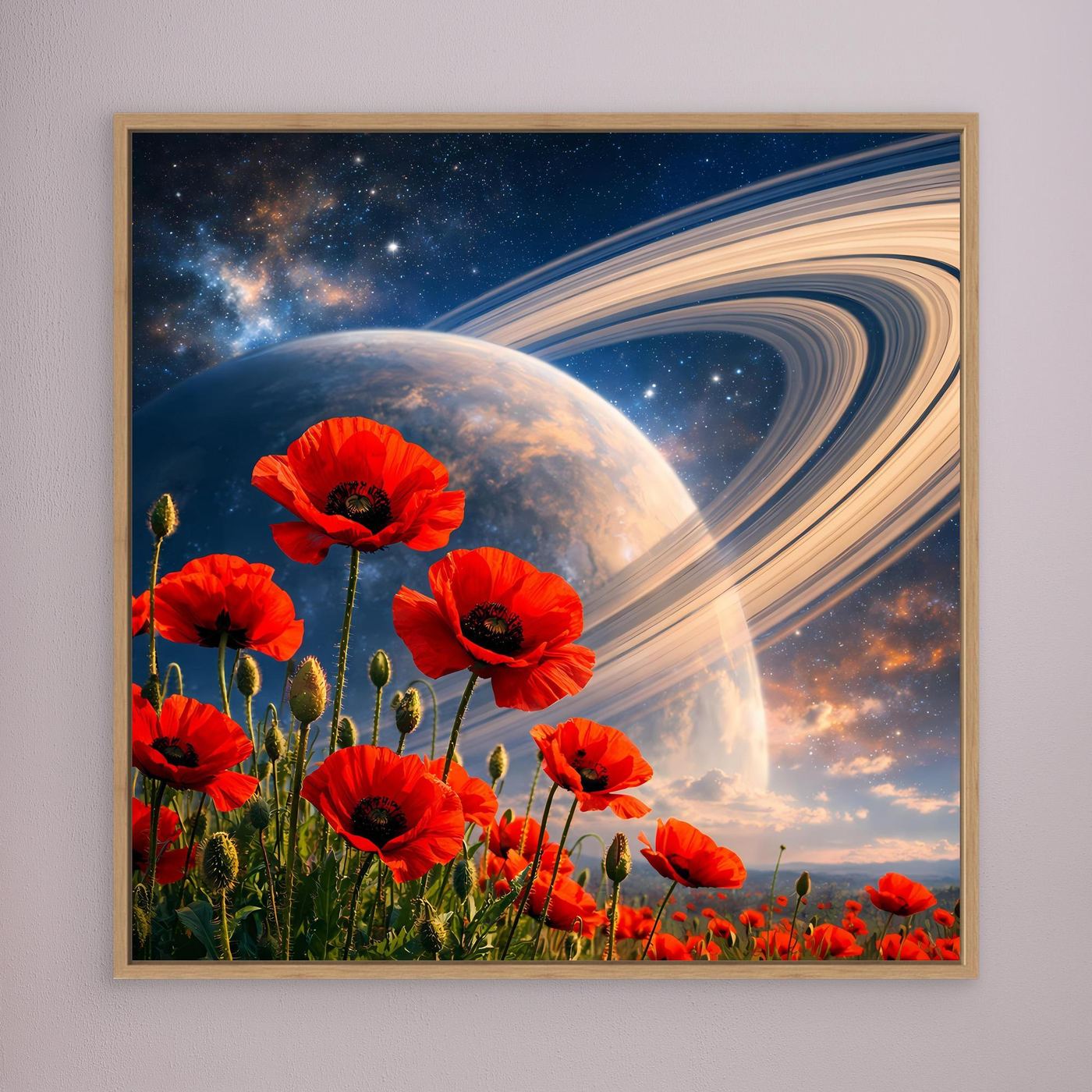 Leinwandbild mit roten Mohnblumen, Planet und Spiralnebel im Weltraum, braun gerahmt