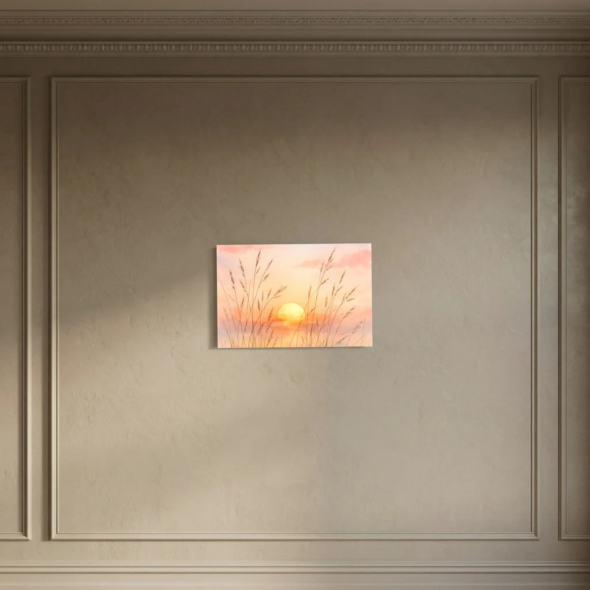 Wandbild im Querformat: goldene Abendsonne zwischen zarten Gräsern