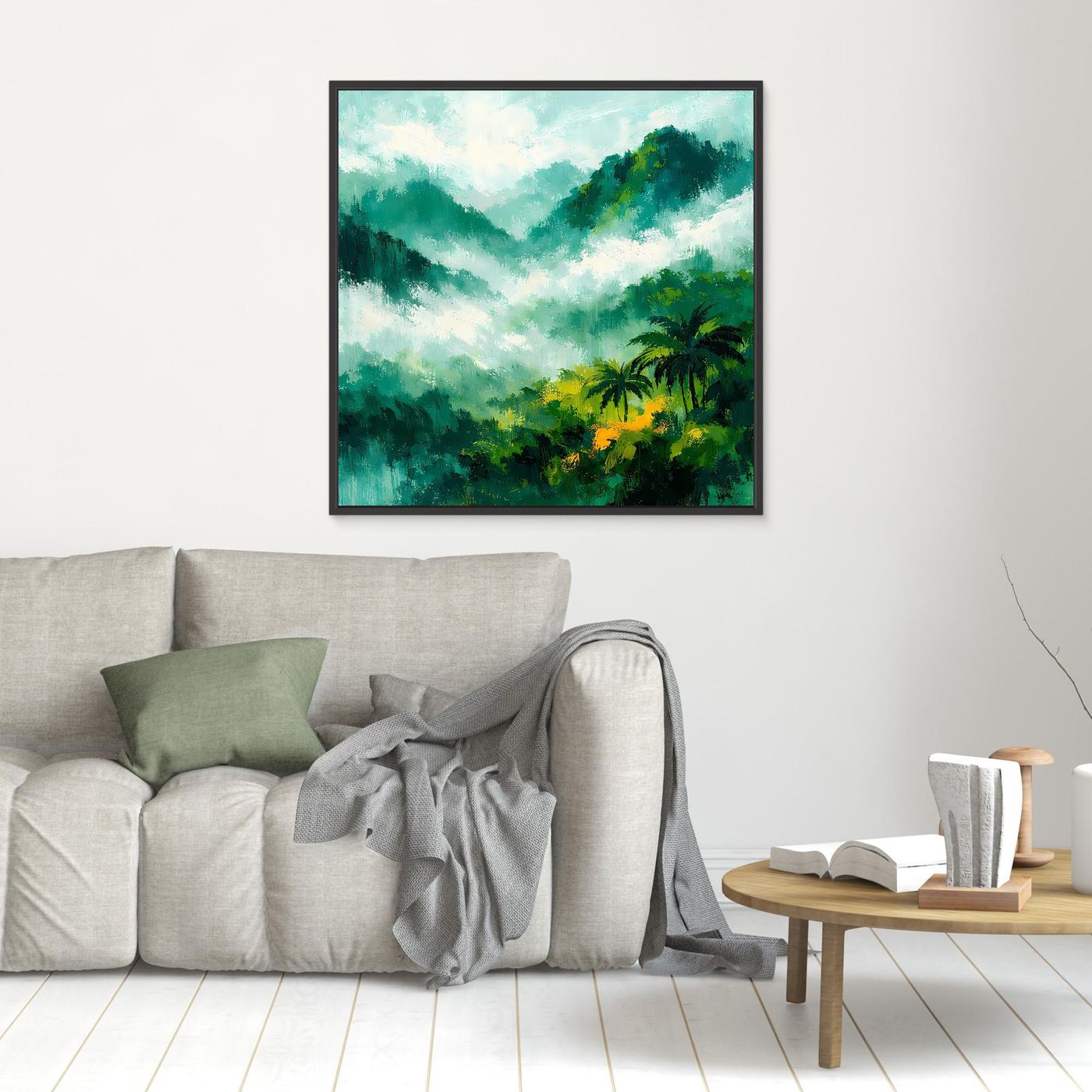 Leinwand Abstraktes Dschungelgebirge im Nebel | Modernes Tropen Wandbild Grün