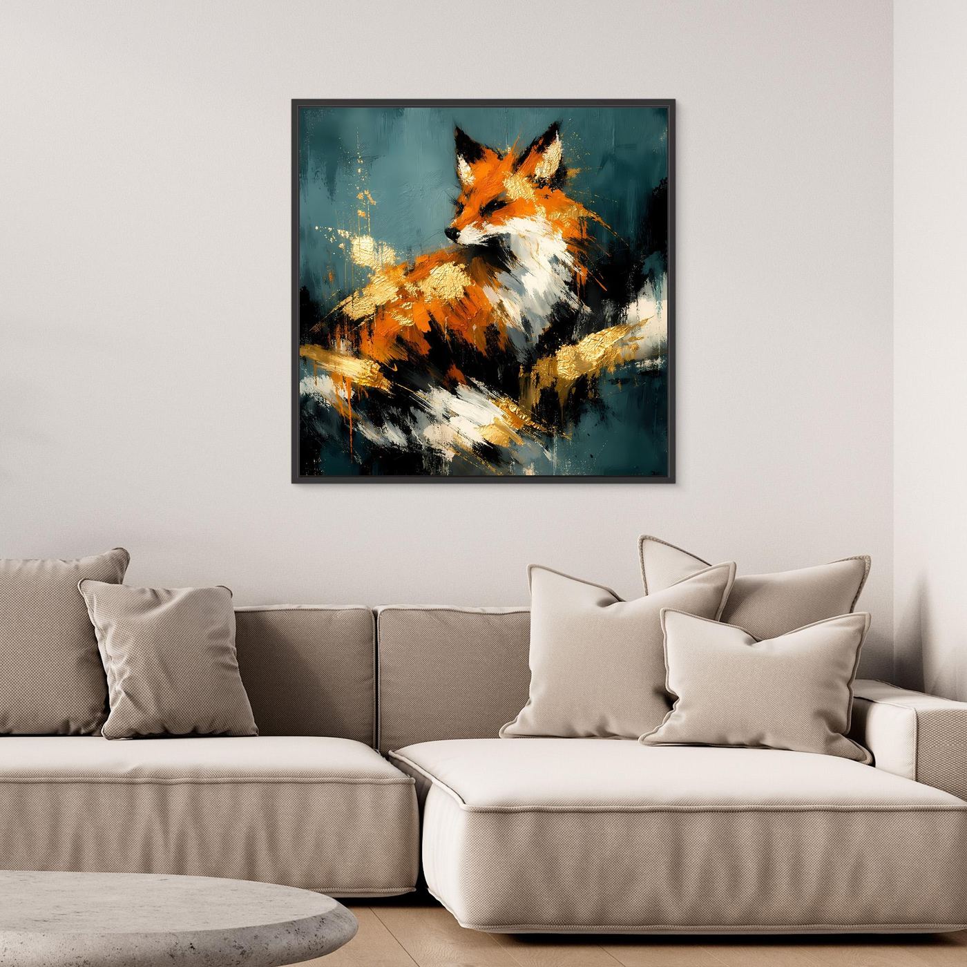 Leinwand-Wandbild mit dunklem Rand: abstrakter Fuchs in Orange, Weiß und Gold.