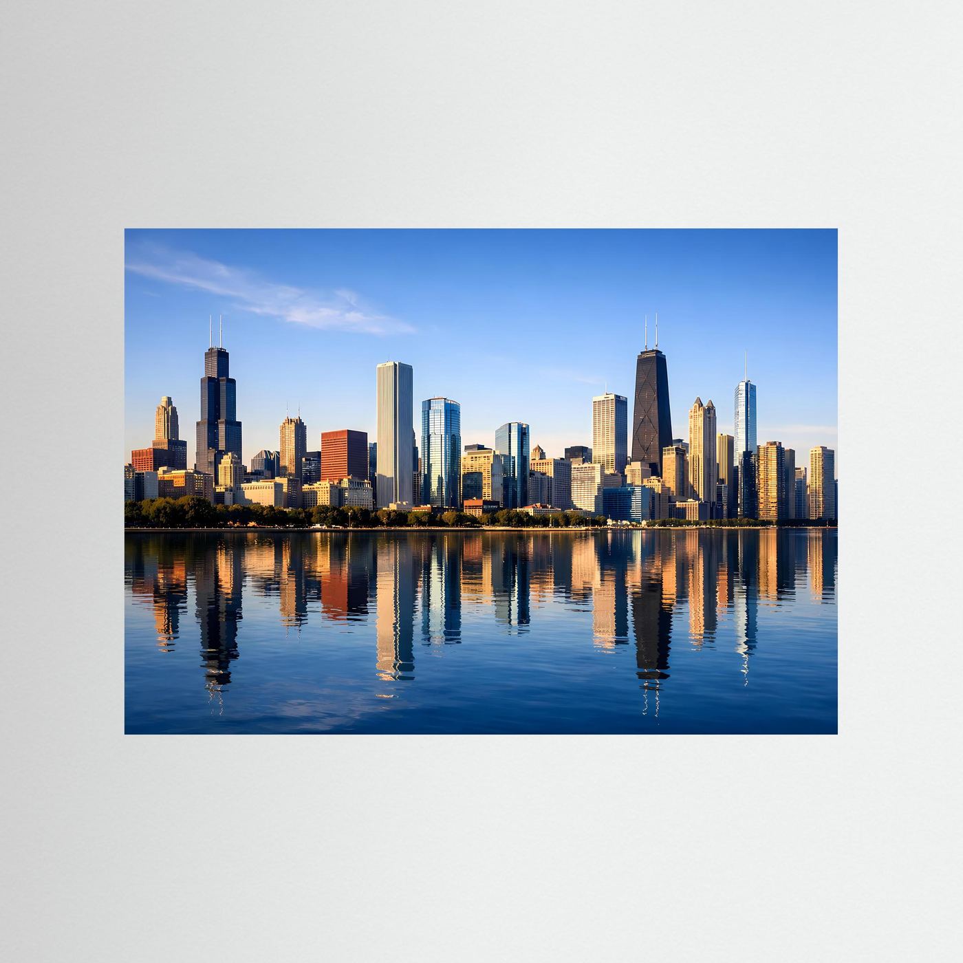Panoramaposter Chicago-Skyline am Wasser, Querformat, mit blauem Rand
