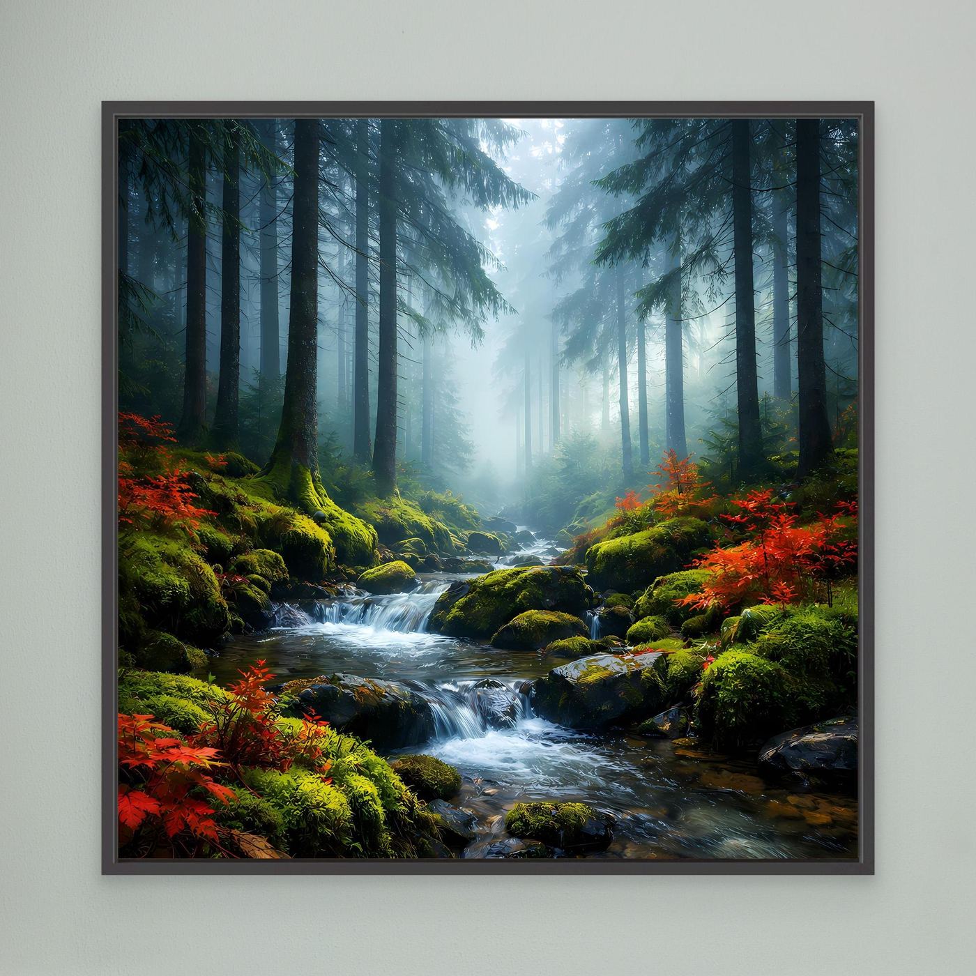 Wandbild: Waldbach im Nebel mit roten Sträuchern, Moospolstern und schwarzem Rahmen