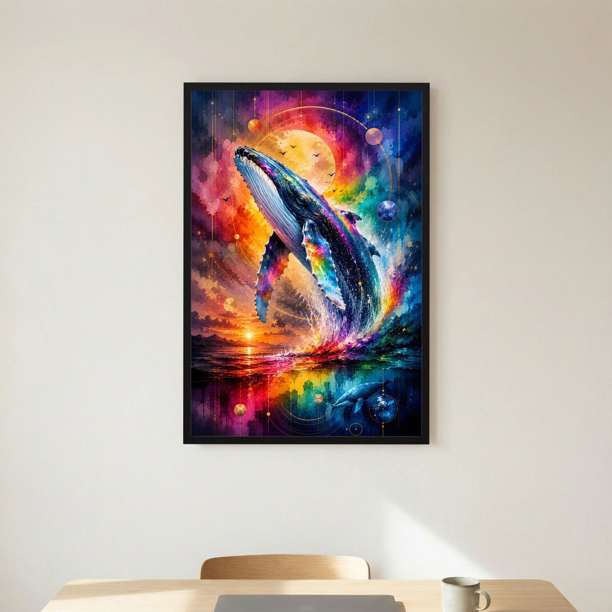 Hochformat-Poster im schwarzen Rahmen mit blauem Wal, bunten Planeten und Abendsonne