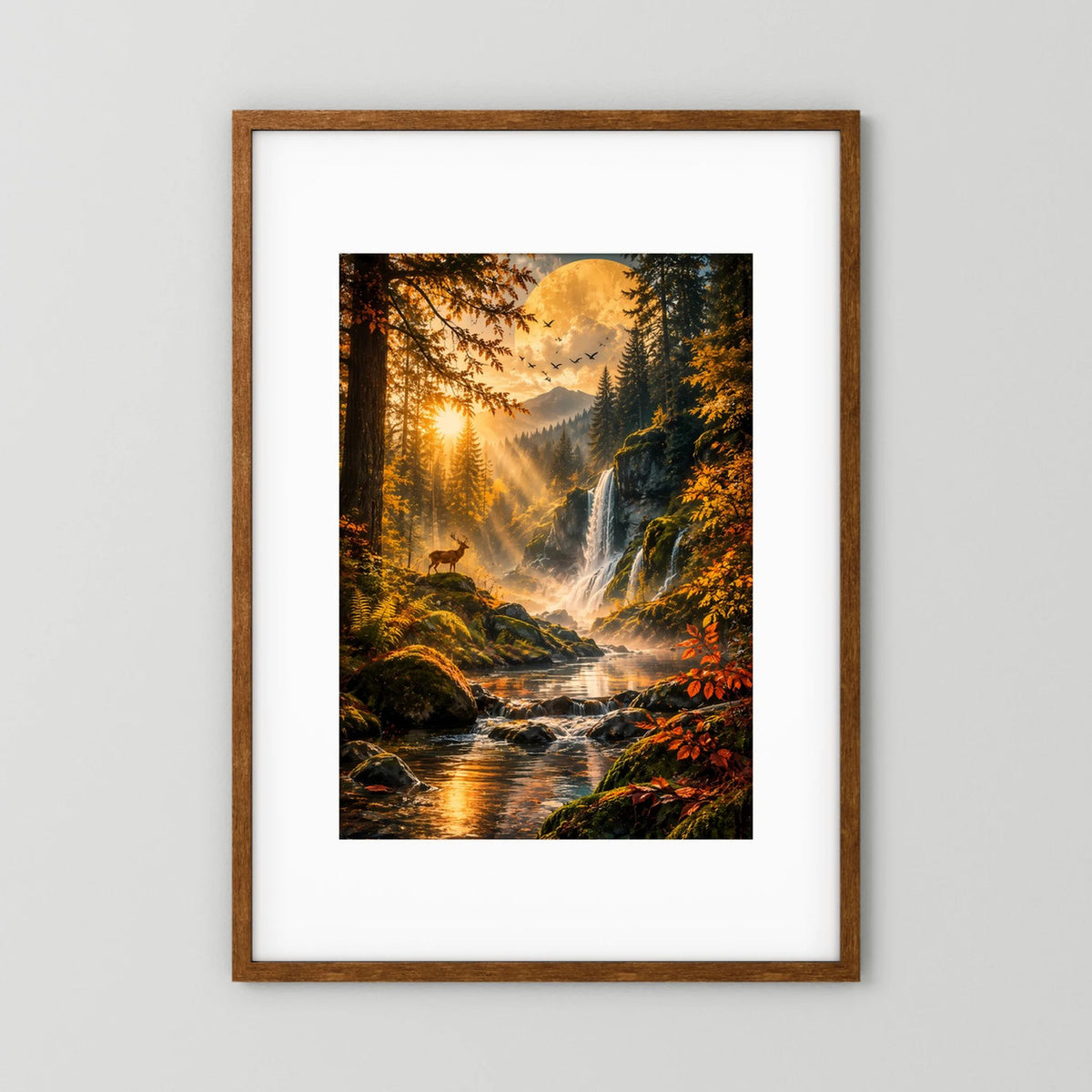 Hochformat-Poster mit goldenem Wald, Wasserfall und Fluss, gerahmt mit Holzrahmen