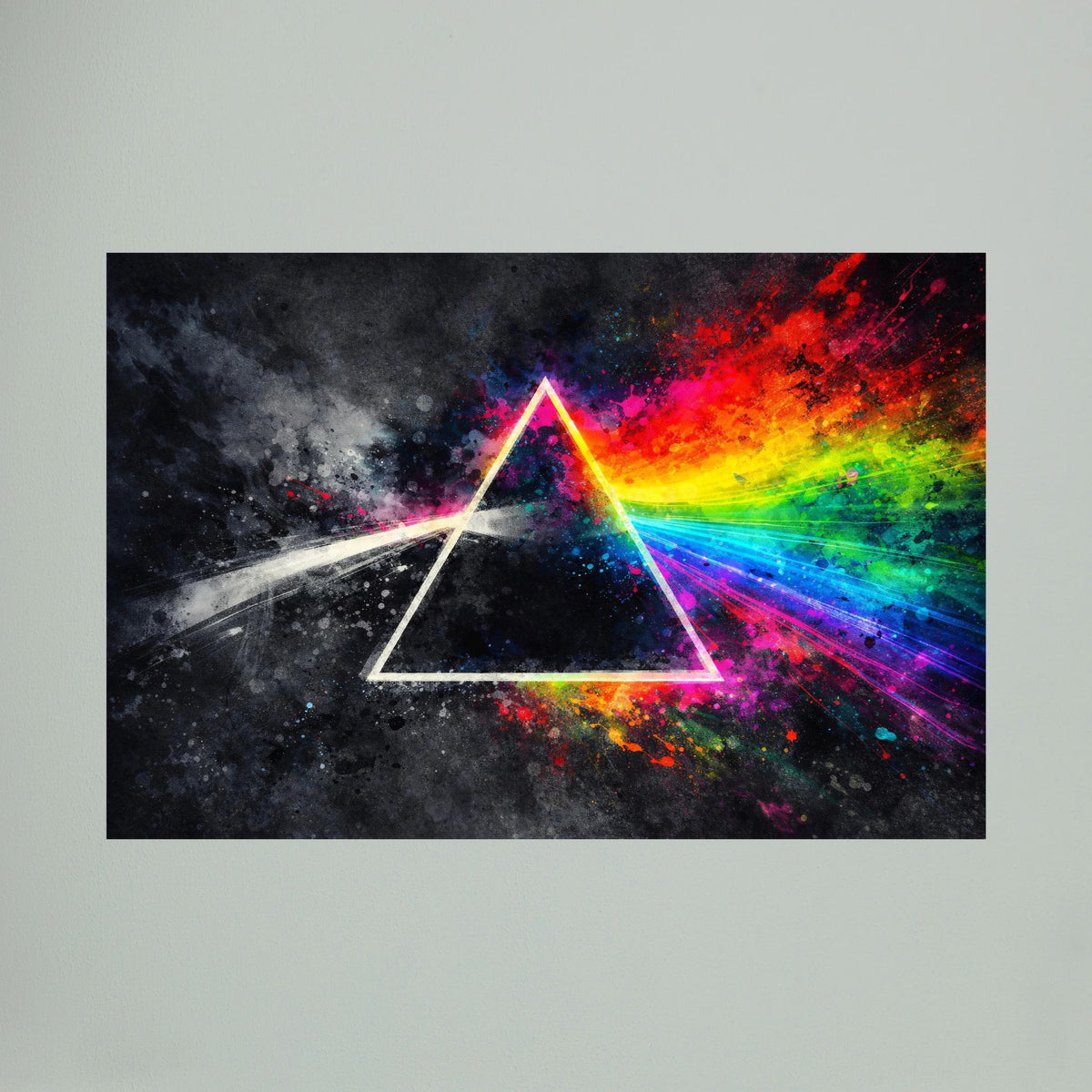 Wandbild im Querformat, Prisma-Dreieck mit regenbogenfarbenen Lichtkanten
