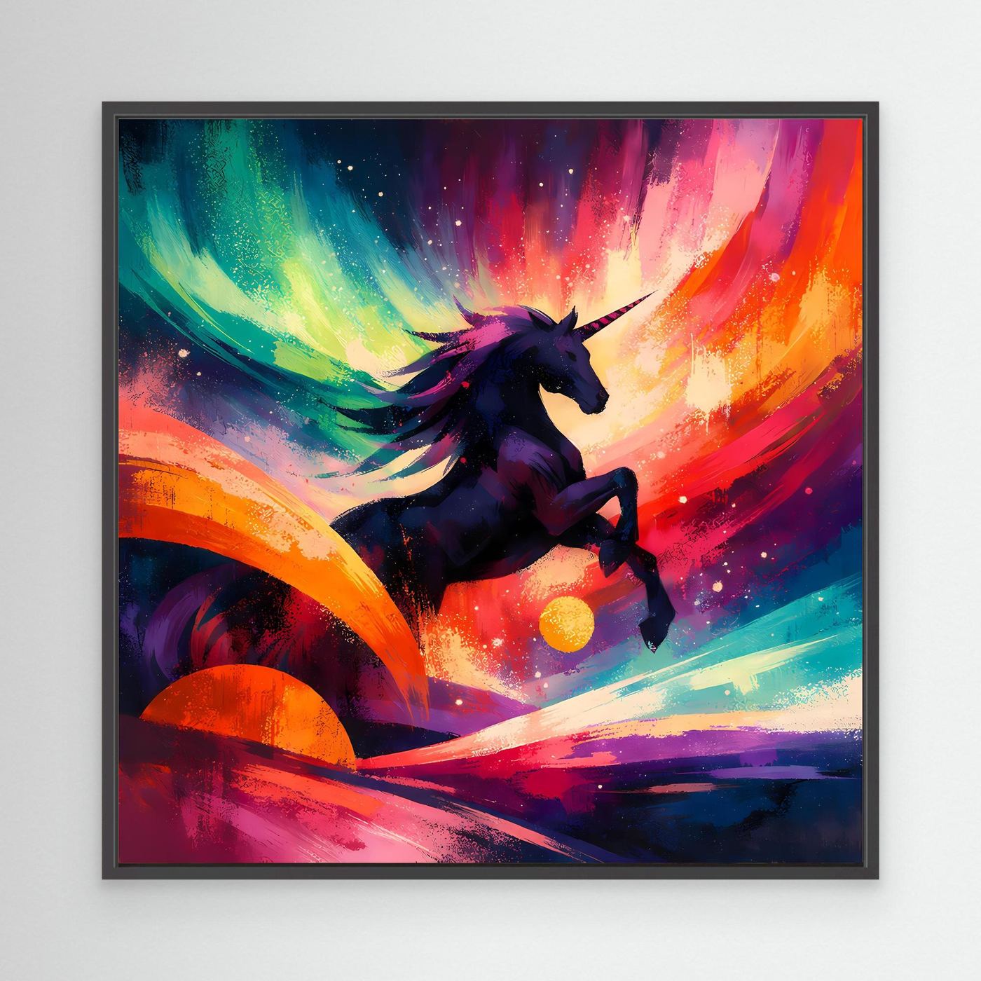 Leinwandbild mit schwarzem Einhorn auf Regenbogen-Aquarell, schwarzer Rahmen