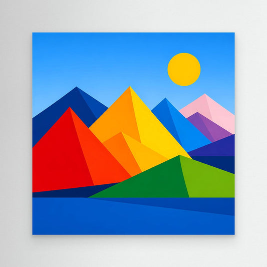 Leinwandbild mit geometrischer Berglandschaft, bunte Berge und gelbe Sonne