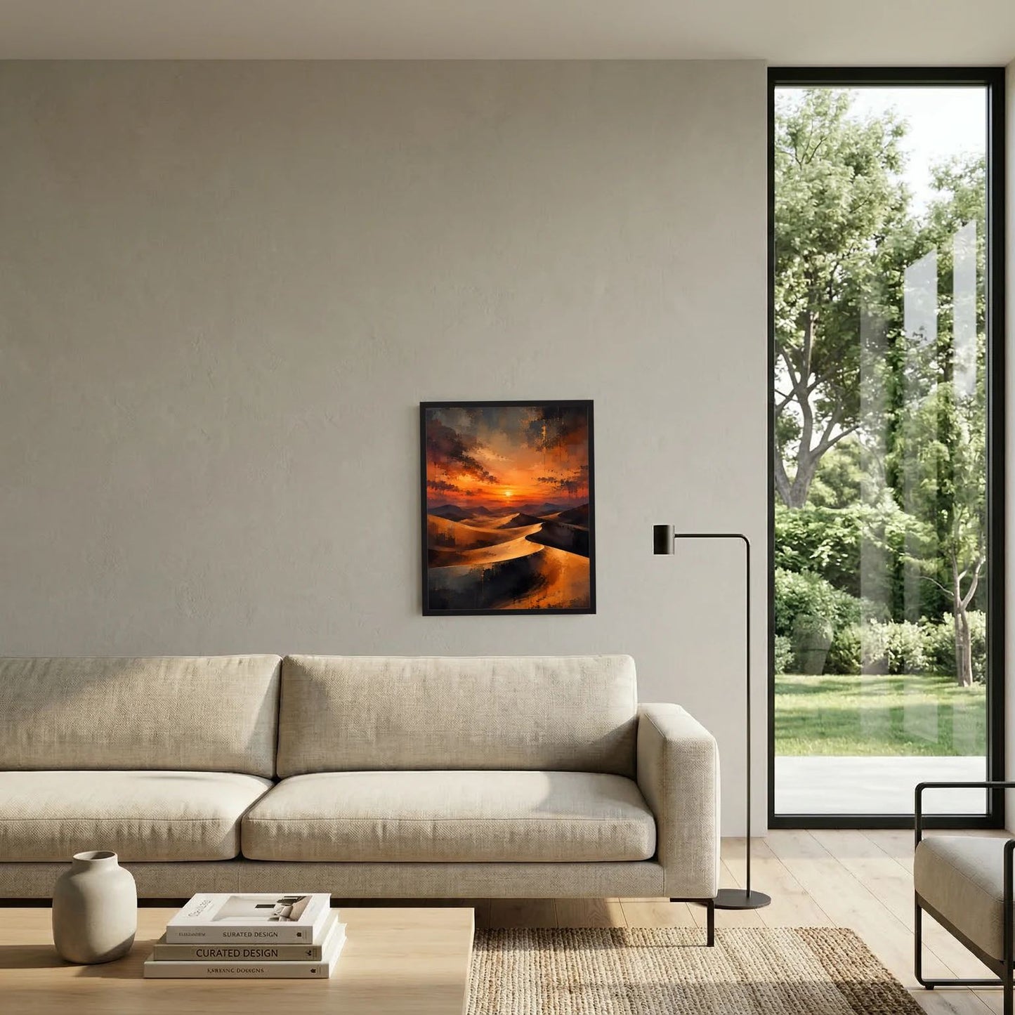 Gerahmtes Hochformat-Poster mit abstrakten Sanddünen und warmem Sonnenuntergang