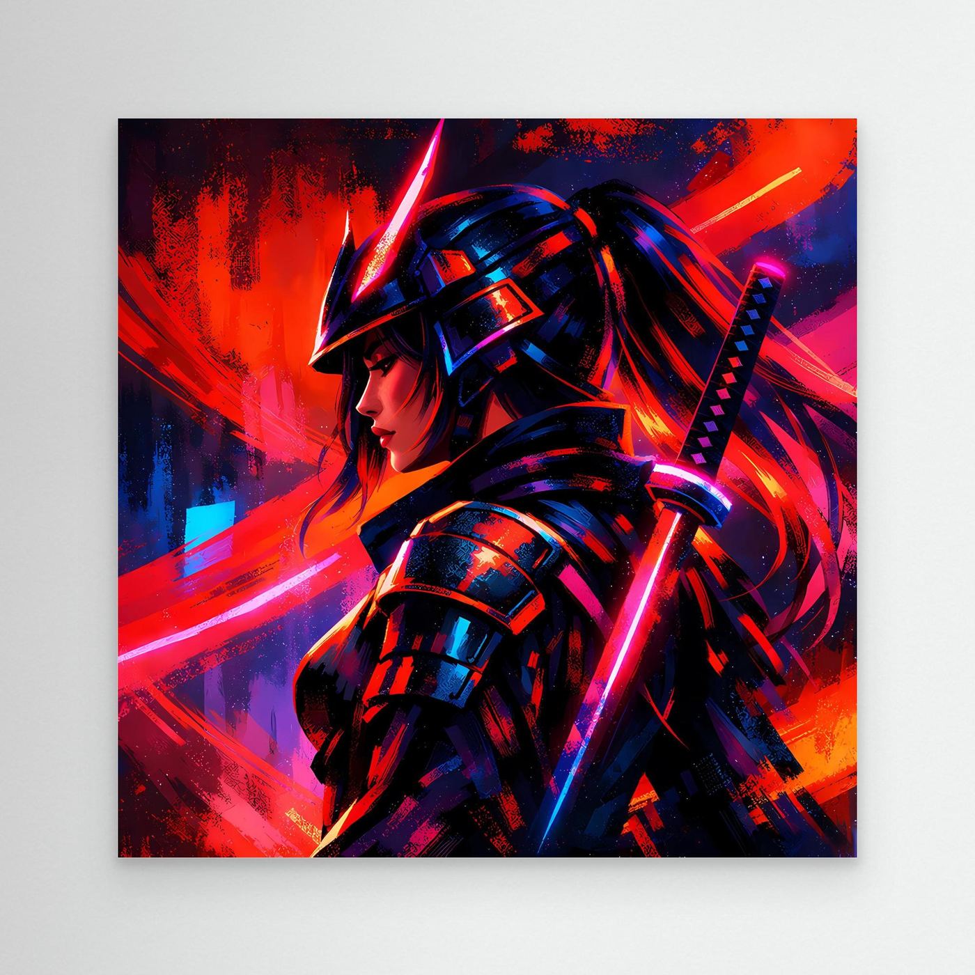 Neon-Leinwandbild mit Samurai-Kriegerin, abstraktes Design, ohne Rahmen