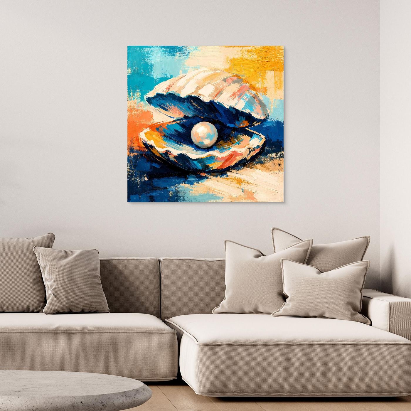 Framed wall art showing abstract seashell and pearl, blue, orange, and cream colors