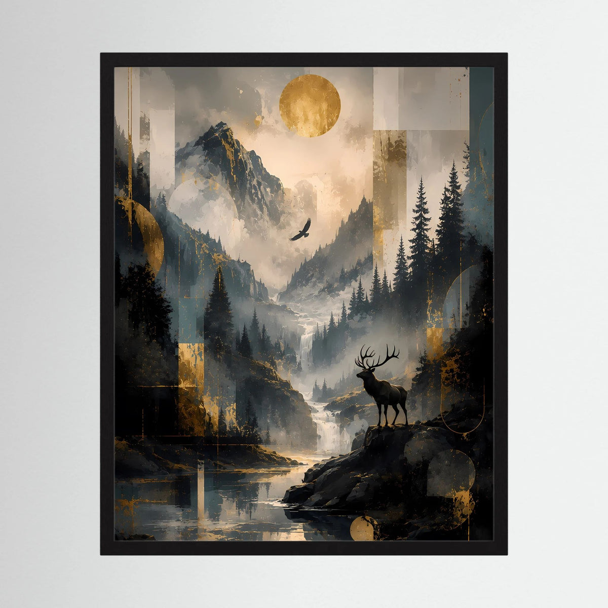 Gerahmtes Hochformat-Poster mit Hirsch, Bergtal, goldener Sonne und Wasserfall-Landschaft