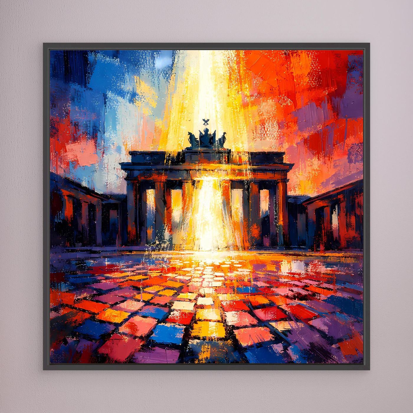 Wandbild mit abstraktem Brandenburger Tor, schwarzer Rahmen, strahlender Lichtkegel über farbigem Pflaster