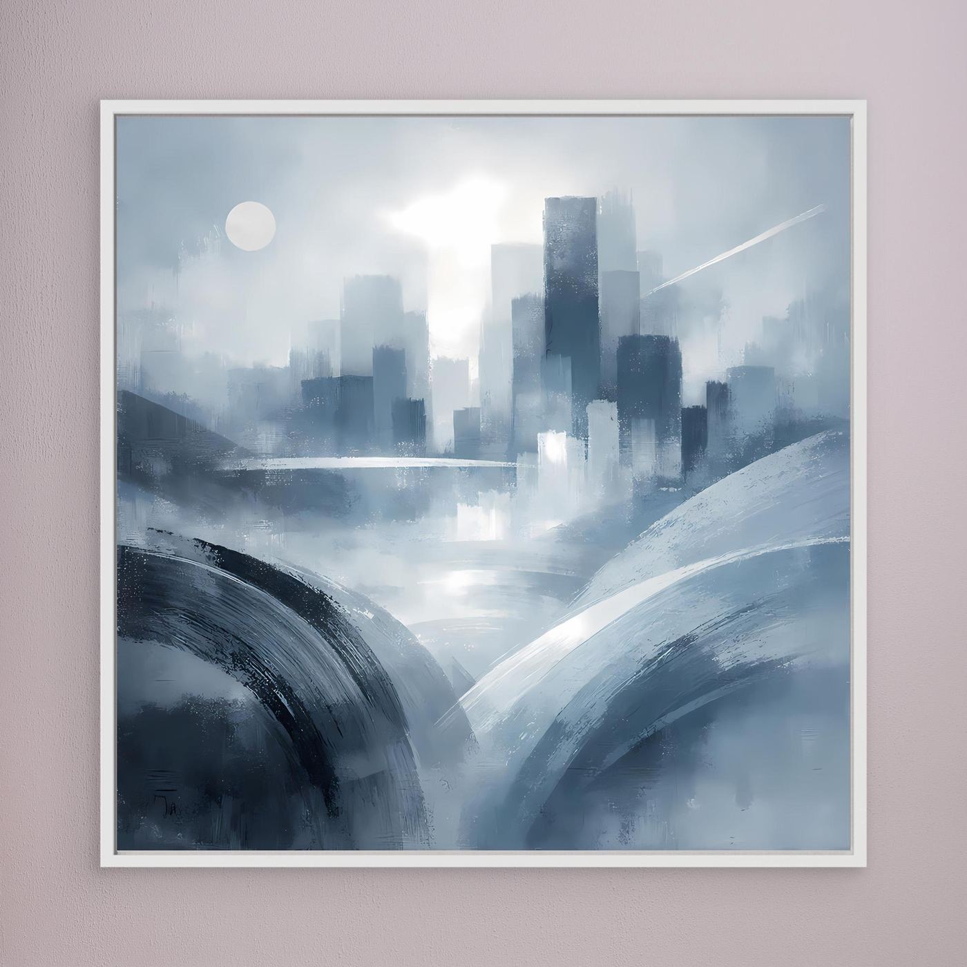 Leinwandbild mit weißem Rahmen: abstrakte Skyline in Blau-Grau, diagonale Linien