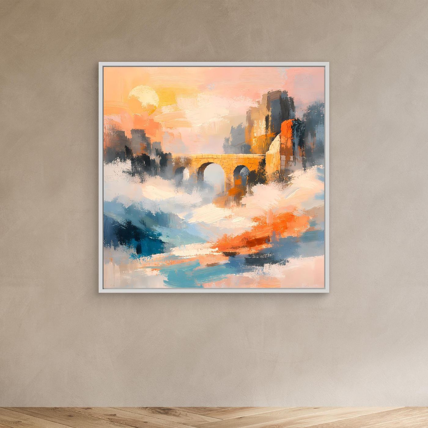 Premium Leinwand Historische Steinbrücke im Nebel | Abstraktes Aquädukt Wandbild im Sonnenaufgang