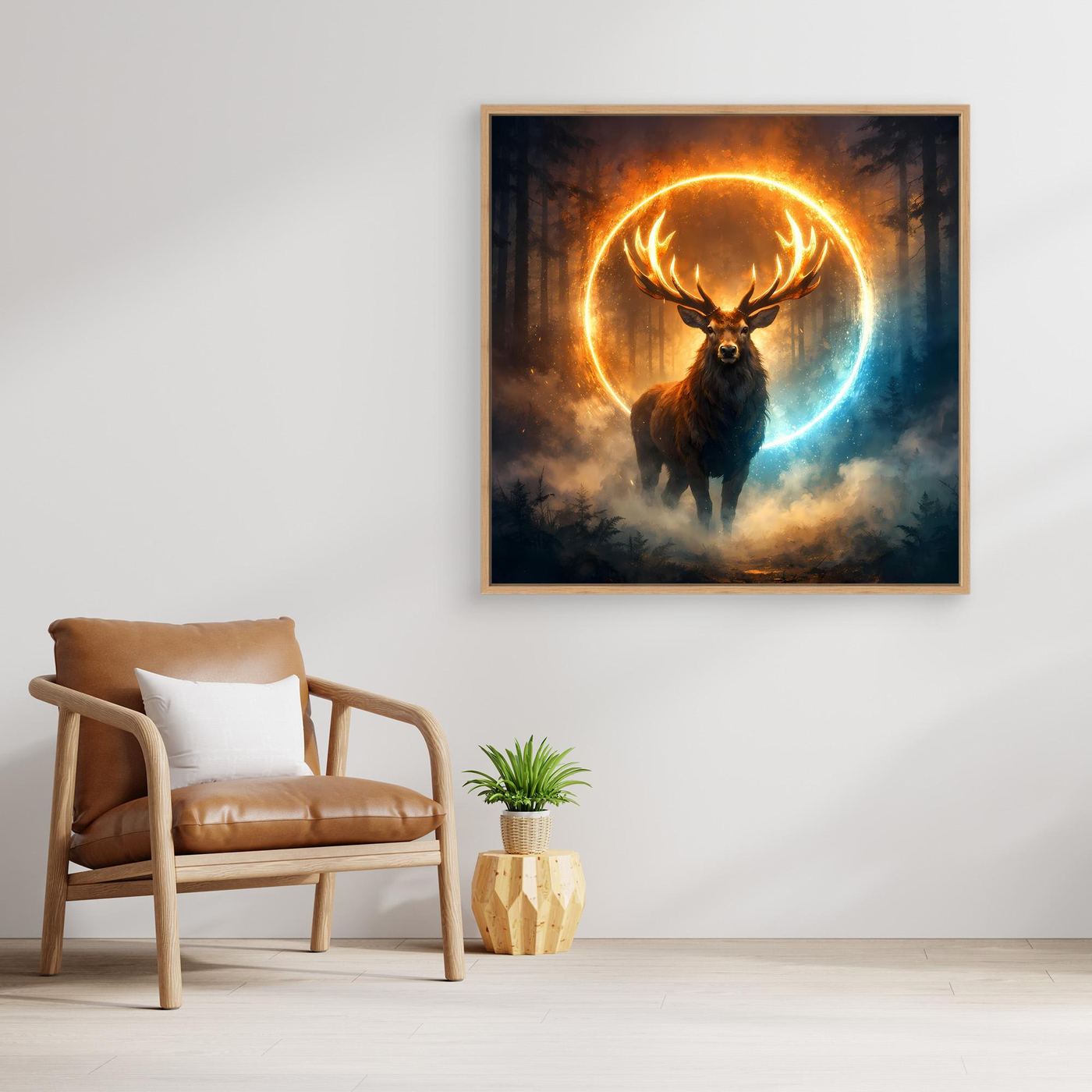 Hell gerahmtes Leinwandbild mit Hirschmotiv und leuchtendem orange-blauem Ring