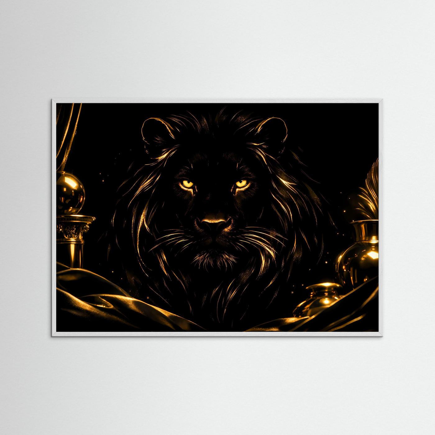 Majestätischer Schwarzer Löwe in Gold | Edles Tier Kunst & Luxus Wandbild Querformat