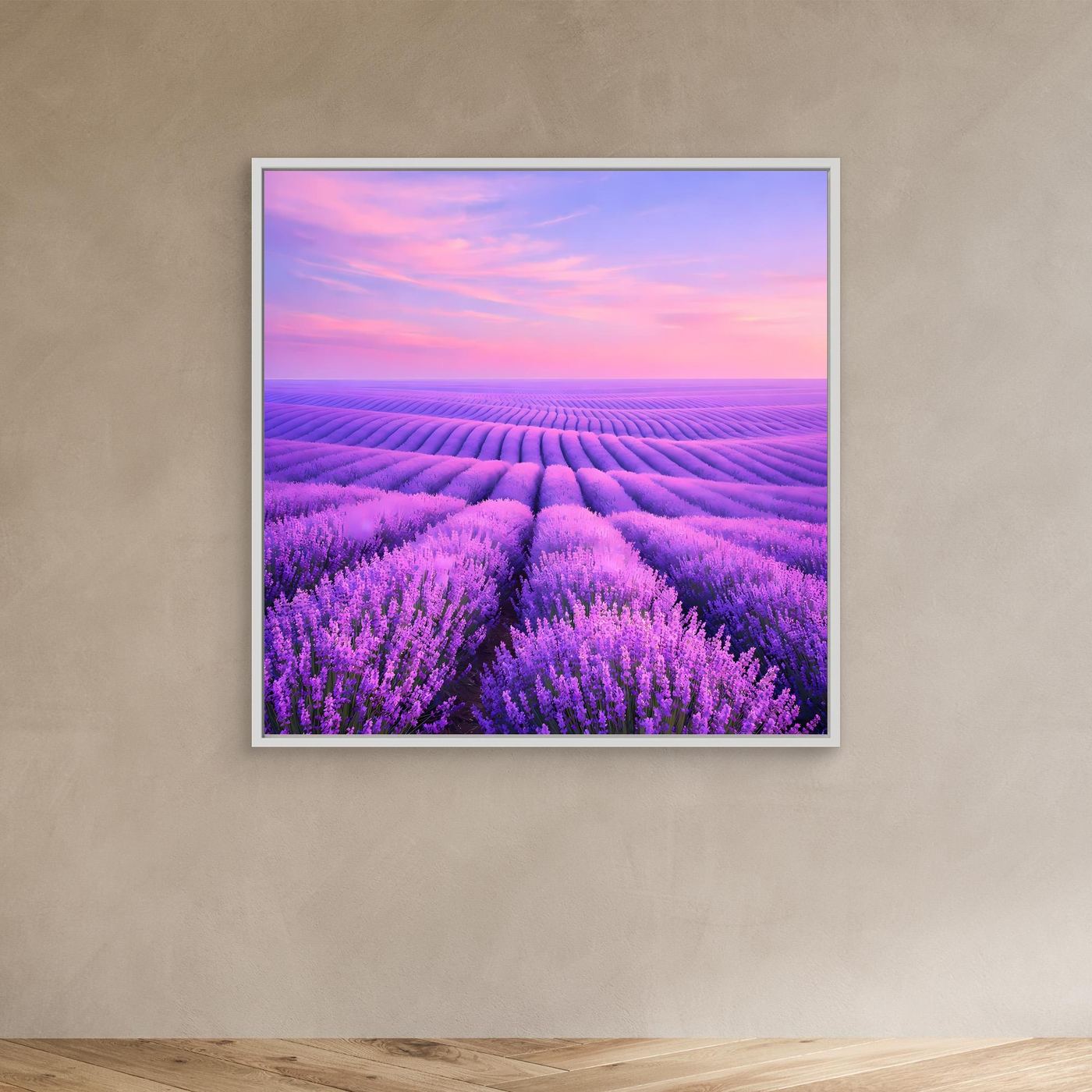 Lavendelfeld-Wandbild im weißen Rahmen, violette Lavendelreihen und pinkfarbener Himmel