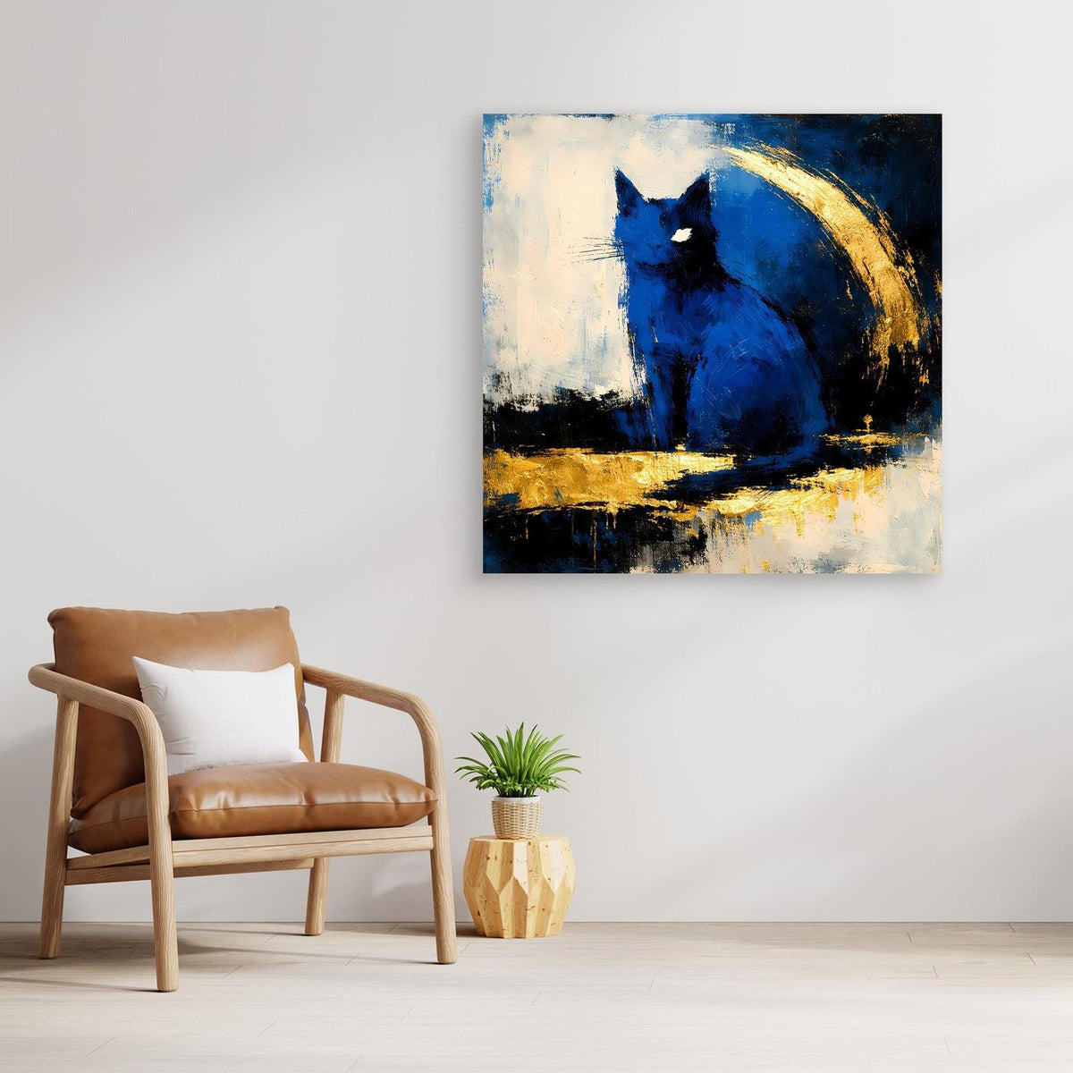 Gerahmtes Leinwandbild mit abstraktem Elefant in Blau, goldene Akzente und helle Flächen