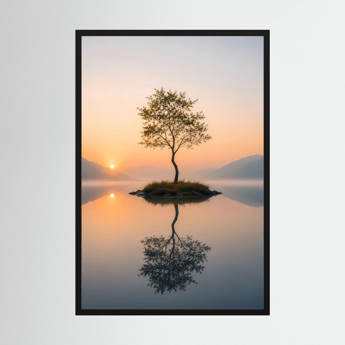 Poster im Hochformat mit schwarzem Rahmen: einsamer Baum, Spiegelbild im See