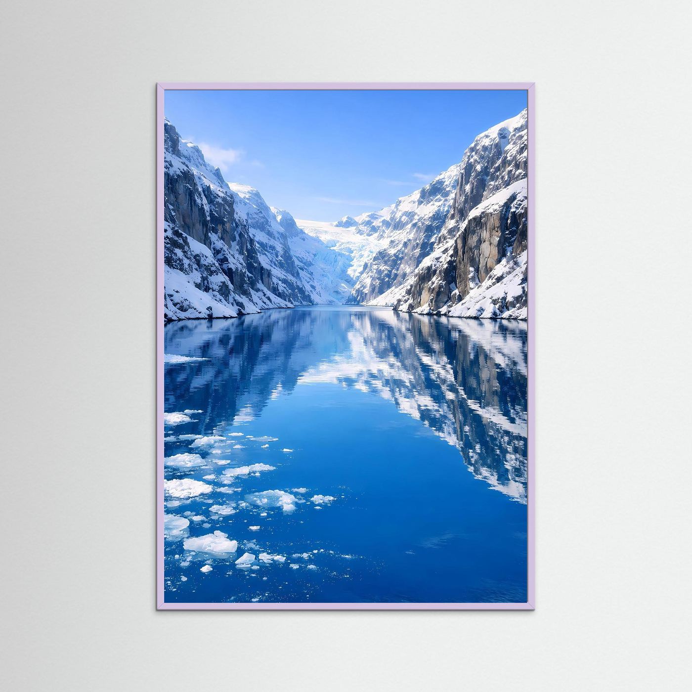 Fjord-Poster mit Gletschereis, blaues Wasser, lila Holzrahmen