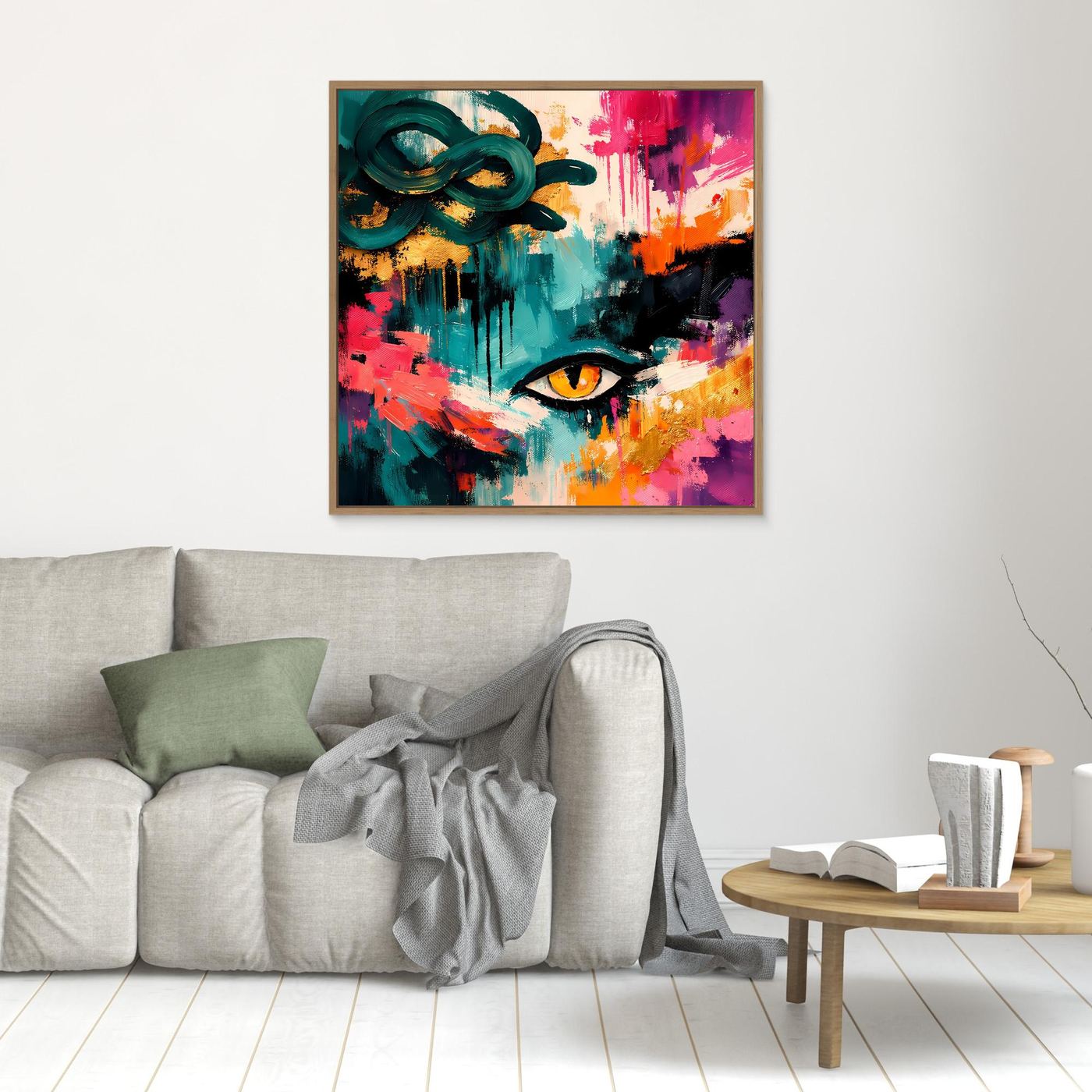 Abstraktes, quadratisches Wandbild mit Medusa-Auge in Türkis, Rot und Gelb, Holzrahmen