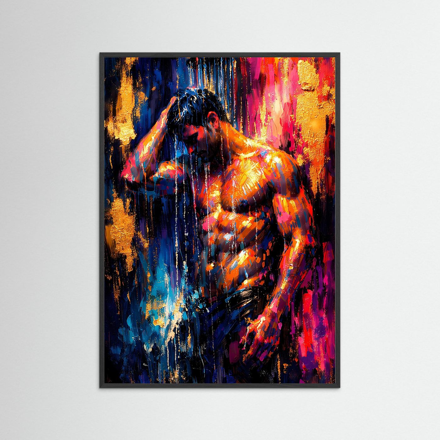 Kunstdruck mit abstraktem Akt unter Wasserstrahlen in Neonblau, Gold und Pink, schwarzer Rahmen