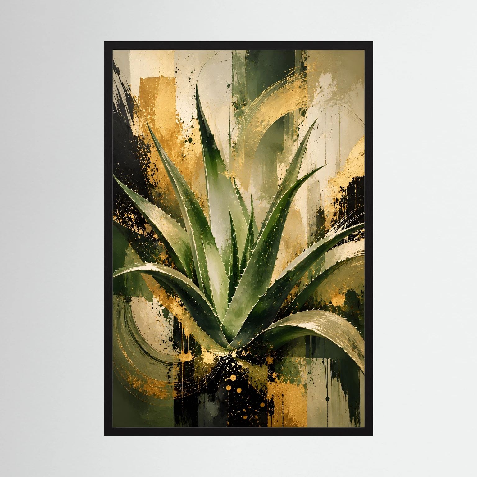 Abstraktes Aloe-Vera-Wandposter, grün-goldene Pflanze im schwarzen Rahmen