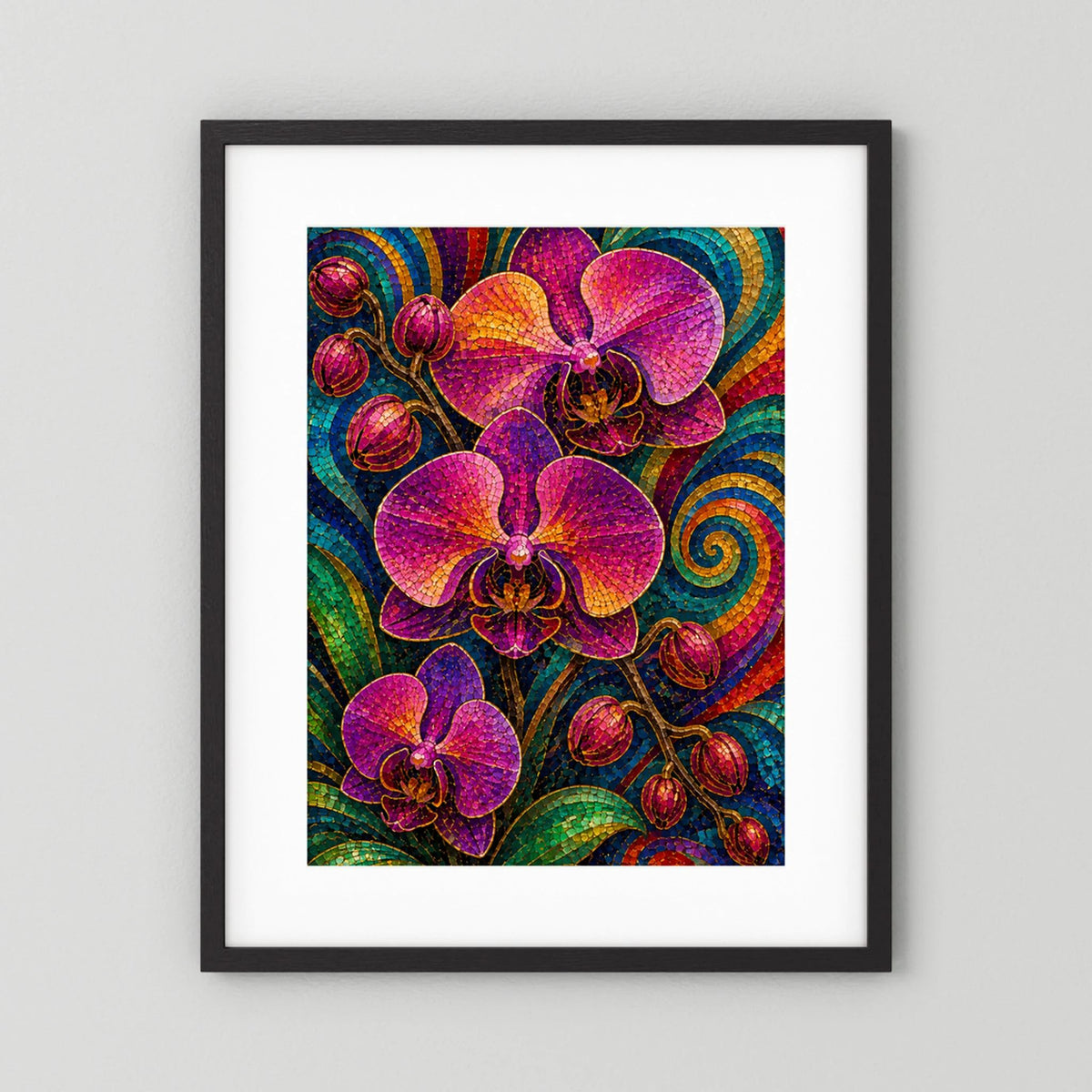 Orchideen-Mosaikposter mit violetten Orchideen, schwarzer Rahmen und weißes Passepartout