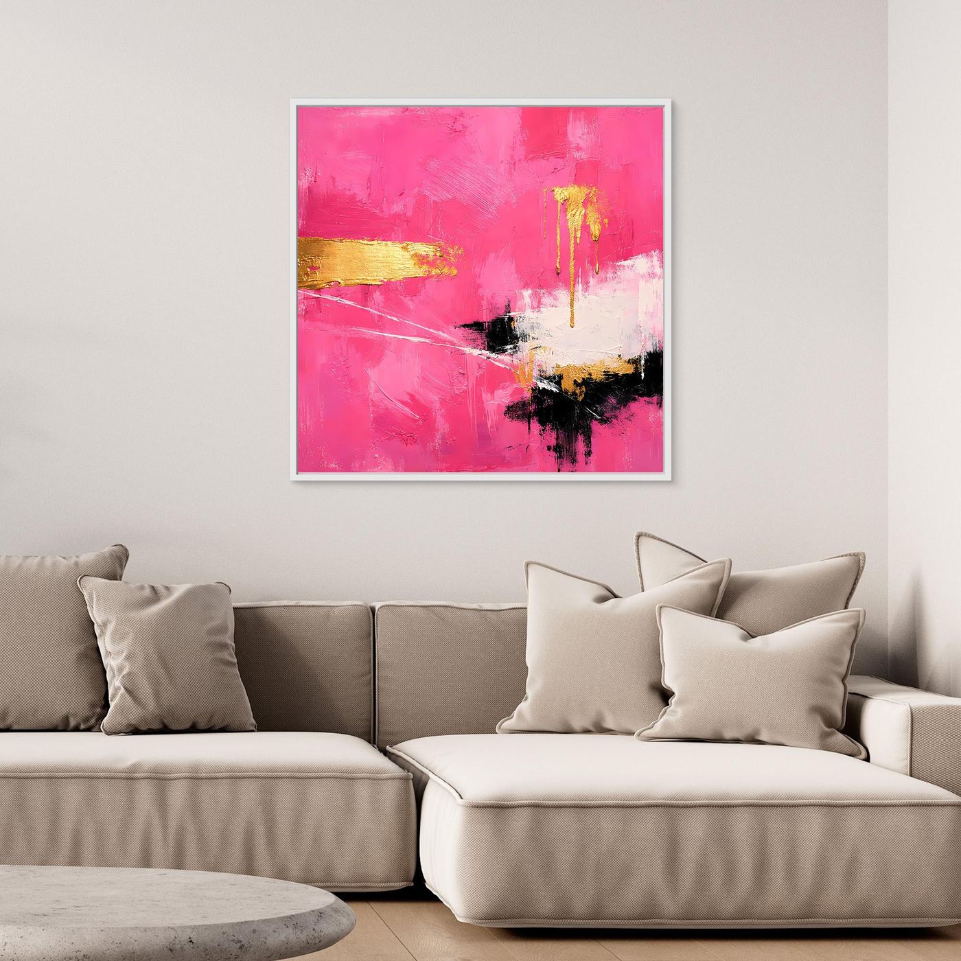Leinwand Abstraktes Farbenspiel in Pink und Gold | Modernes Expressionistisches Wandbild