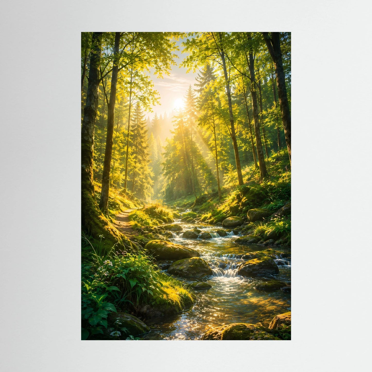 Poster im Hochformat: grüner Wald mit Waldbach und Lichtstrahlen, ohne Rahmen