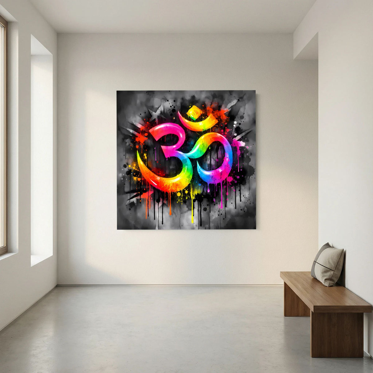 Leinwandbild mit Om-Symbol auf Keilrahmen, Regenbogenfarben vor grauem Hintergrund mit Spritzern.
